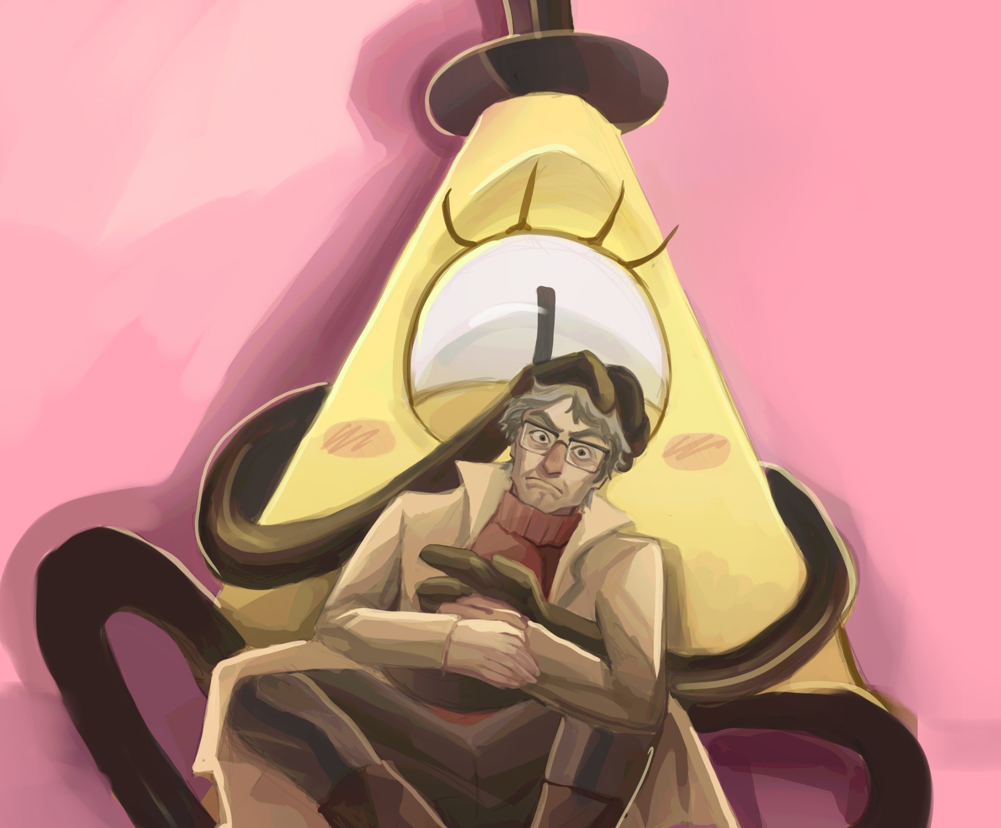 n0cturnalcm, bill cipher, ford pines, gravity falls, commentary, english commentary, highres, 1boy, blush, coat, extra digits, frown, furrowed brow, grey hair, hand on another's chest, hat, headpat, looking at viewer, red sweater, sitting, sitting on lap, sitting on person, slit pupils, sweater, top hat, turtleneck, turtleneck sweater, wide-eyed, yellow coat
