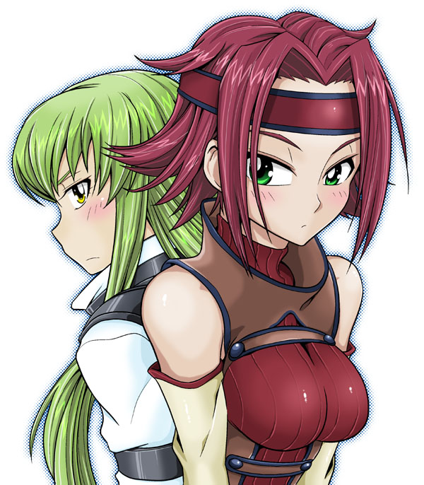 miyakodori takayuki, c.c., kouzuki kallen, code geass, bad id, bad pixiv id, 00s, 2girls, back-to-back, bare shoulders, blush, breasts, detached sleeves, embarrassed, frown, green eyes, headband, impossible clothes, impossible shirt, large breasts, long hair, multiple girls, red hair, shiny clothes, shirt, short hair, spiked hair, straitjacket, turtleneck, yellow eyes