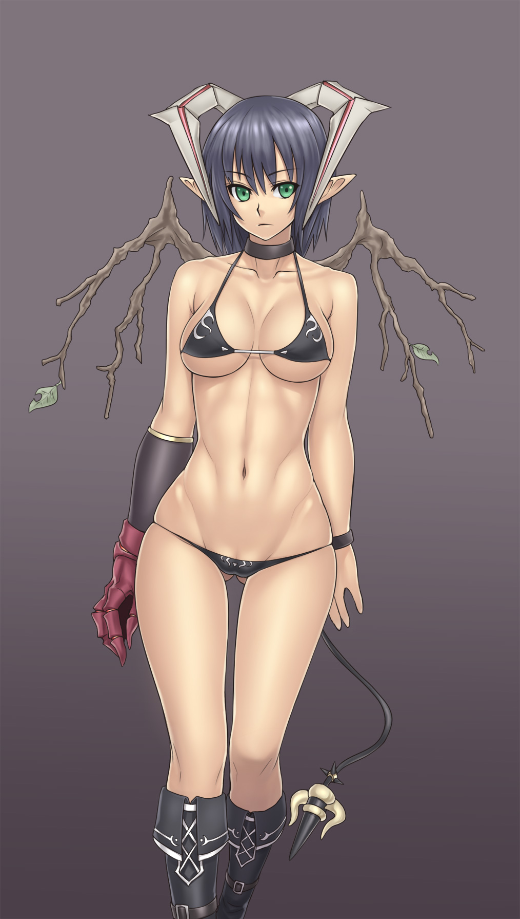 houtengeki, original, highres, 1girl, bikini, black bikini, black hair, boots, choker, female focus, gauntlets, green eyes, groin, hip bones, horns, leaf, lowleg, lowleg bikini, micro bikini, navel, pointy ears, skindentation, solo, standing, string bikini, swimsuit, thigh gap, wide hips, wings