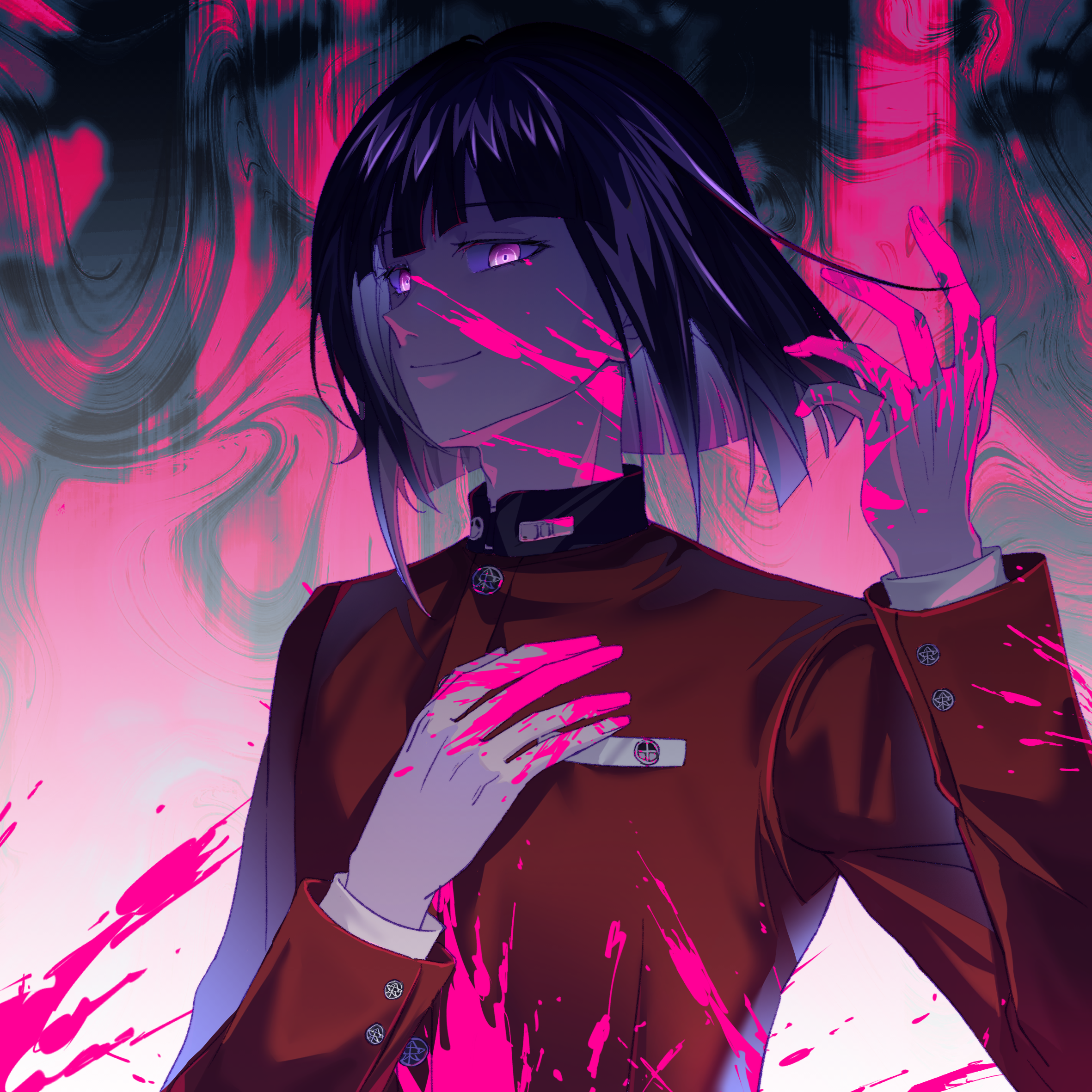 tsukumo ima, the hundred line -last defense academy-, chinese commentary, commentary request, highres, variant set, 1boy, blood, blood on clothes, blood on face, blood on hands, blood on neck, buttons, closed mouth, colored inner hair, eyelashes, hand on own chest, hand up, high collar, jacket, long sleeves, male focus, multicolored hair, pink blood, pink eyes, purple hair, red jacket, short hair, smile, solo, two-tone hair, upper body, white hair, zhuixuesnow