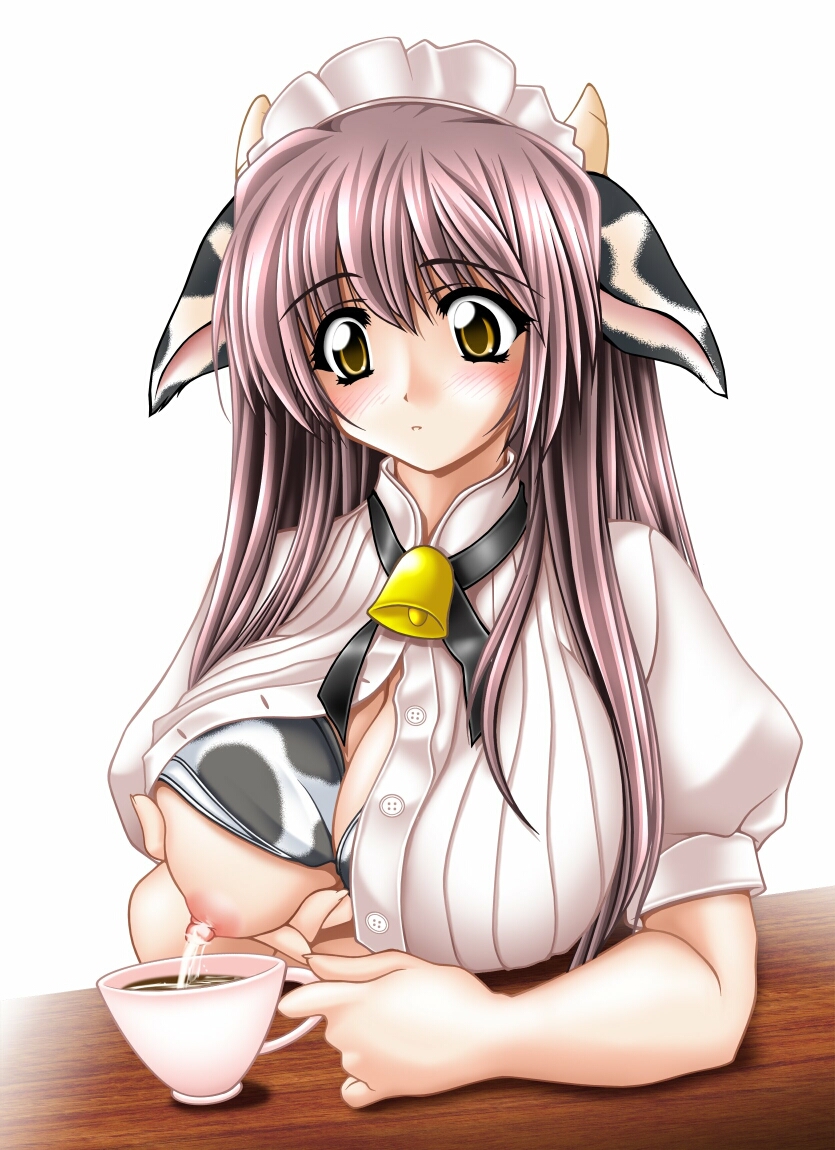 tomoya kankurou, original, 1girl, animal costume, animal ears, bell, breast milk in container, breasts, cow costume, cow girl, cowbell, cup, female focus, grabbing another's breast, groping, lactating into container, lactation, large breasts, long hair, milk, nipples, purple hair, solo, teacup