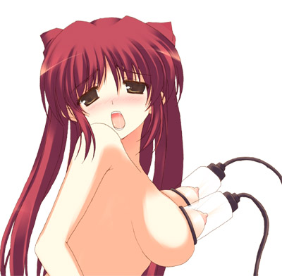 kousaka tamaki, to heart (series), to heart 2, lowres, 00s, 1girl, blush, breasts, brown eyes, female focus, lactation, large breasts, long hair, milking machine, nipples, red hair, solo