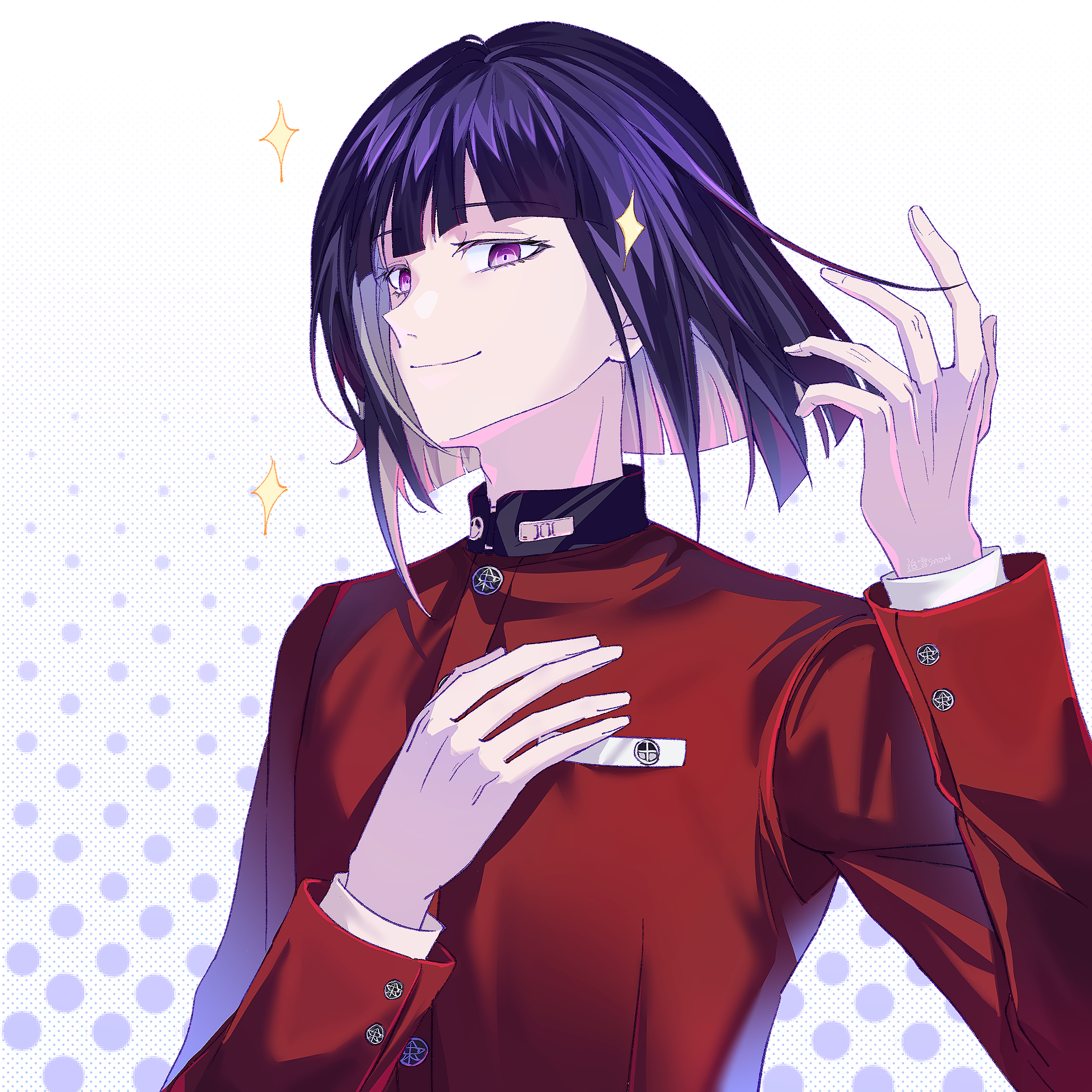 tsukumo ima, the hundred line -last defense academy-, chinese commentary, commentary request, highres, variant set, 1boy, buttons, closed mouth, colored inner hair, eyelashes, hand on own chest, hand up, high collar, jacket, long sleeves, male focus, multicolored hair, pink eyes, purple hair, red jacket, short hair, smile, solo, sparkle, two-tone hair, upper body, white hair, zhuixuesnow