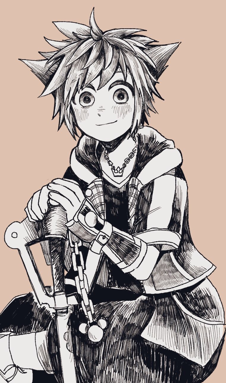 kuropin, sora (kingdom hearts), kingdom hearts, kingdom hearts iii, commentary, english commentary, highres, 1boy, blush, chain, closed mouth, greyscale with colored background, hatching (texture), holding, holding weapon, hood, hood down, hooded jacket, jacket, jewelry, keyblade, kingdom key, looking at viewer, male focus, monochrome, necklace, open clothes, open jacket, pants, pink background, shirt, short hair, simple background, smile, solo, spiked hair, weapon