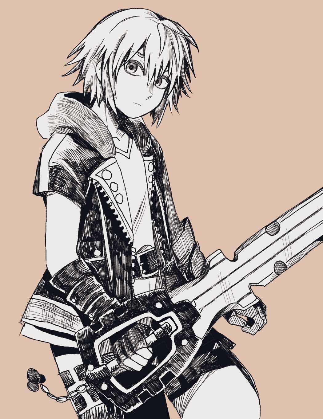 kuropin, riku (kingdom hearts), kingdom hearts, kingdom hearts iii, commentary, english commentary, highres, 1boy, braveheart (kingdom hearts), chain, closed mouth, collarbone, greyscale with colored background, hatching (texture), holding, holding weapon, hood, hood down, hooded jacket, jacket, keyblade, male focus, monochrome, open clothes, open jacket, pink background, shirt, simple background, solo, v-neck, weapon