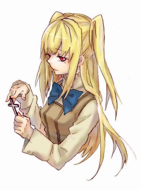 shidou mariya, maria holic, bad id, bad pixiv id, 00s, 1boy, blonde hair, bow, cross, male focus, mole, mole under eye, red eyes, school uniform, solo, trap