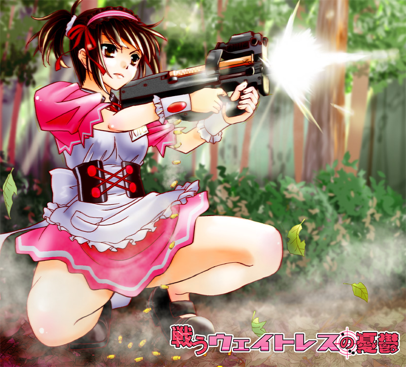 sentape, suzumiya haruhi, gunslinger girl, suzumiya haruhi no yuuutsu, 1girl, breasts, brown hair, bullpup, casing ejection, covered erect nipples, female focus, firing, gun, holding, holding gun, holding weapon, horizontal magazine, muzzle flash, p90, parody, personal defense weapon, see-through clothes, shell casing, short hair, small breasts, solo, squatting, submachine gun, translucent, waitress, weapon