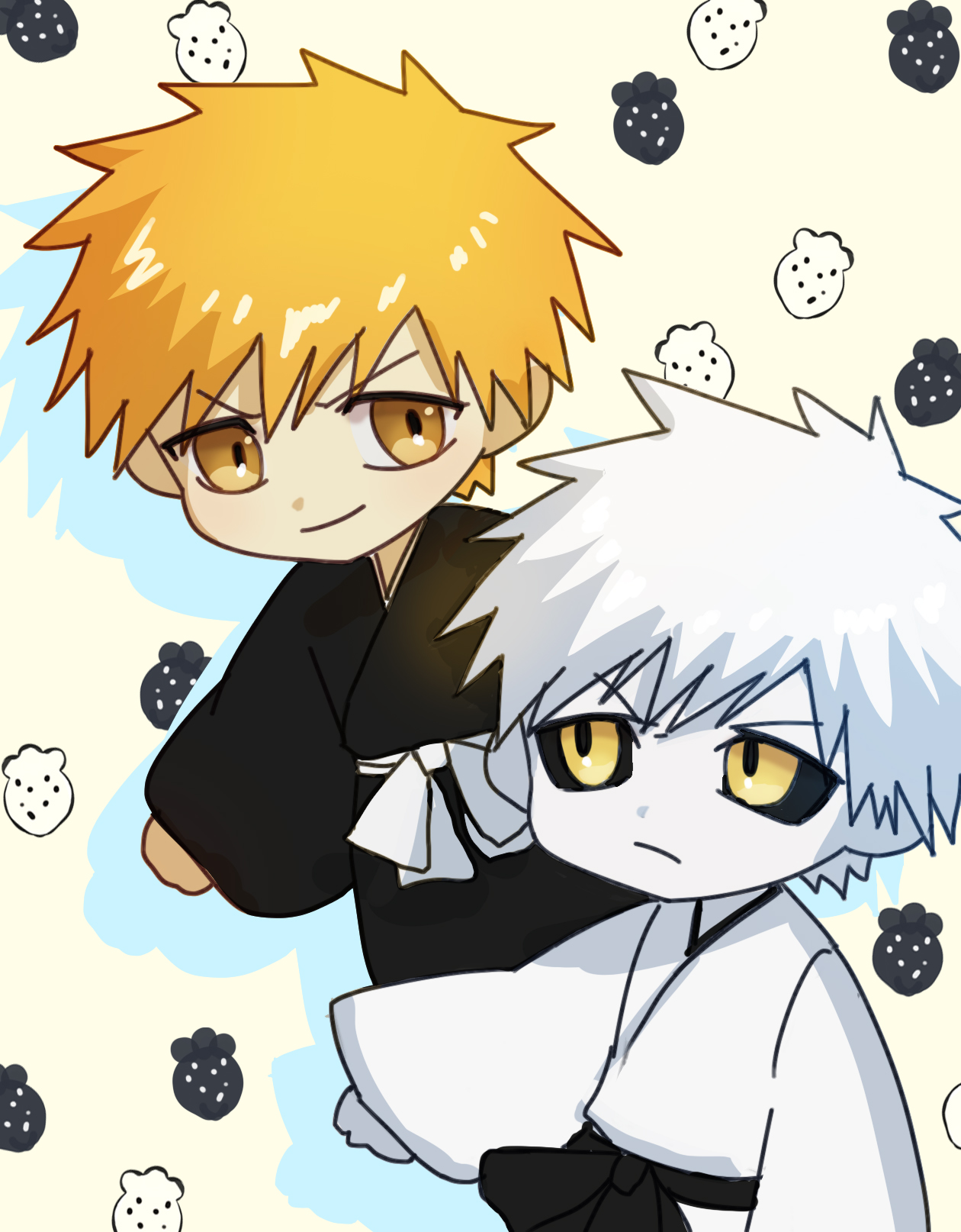 22nae2, hollow ichigo, kurosaki ichigo, bleach, commentary, highres, 2boys, black sclera, brown eyes, chibi, closed mouth, colored sclera, dual persona, japanese clothes, looking at another, male focus, multiple boys, orange hair, short hair, spiked hair
