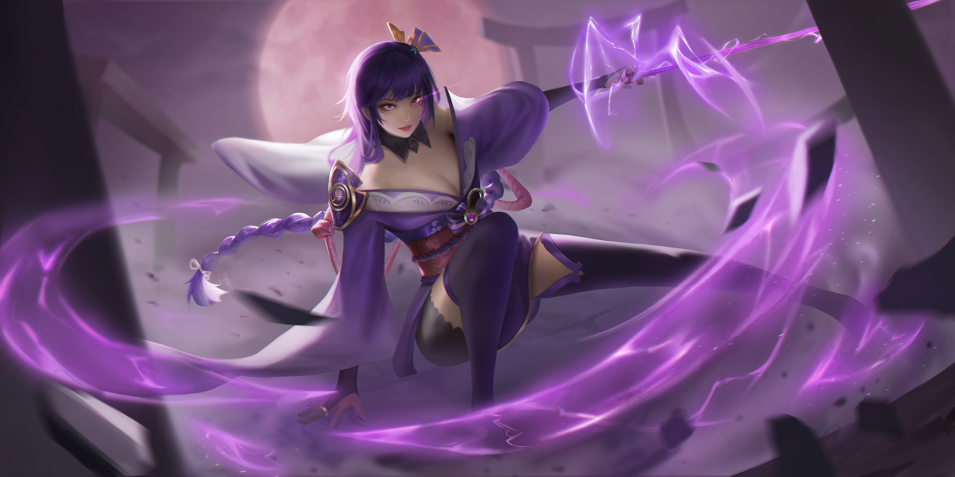 raiden shogun, genshin impact, absurdres, commentary request, highres, 1girl, asymmetrical sleeves, blunt bangs, blurry, blurry background, braid, breasts, bridal gauntlets, cleavage, detached collar, dust, electricity, engulfing lightning (genshin impact), full body, glowing, glowing eyes, gradient hair, hair ornament, hair ribbon, holding, holding polearm, holding weapon, japanese clothes, large breasts, leaning to the side, lingerie, long braid, looking at viewer, mole, mole under eye, moon, multicolored hair, off shoulder, polearm, powering up, purple background, purple thighhighs, red lips, red sash, ribbon, salt and pepperuu, sash, single braid, solo, squatting, thighhighs, tongue, tongue out, underwear, uneven sleeves, weapon, wide sleeves