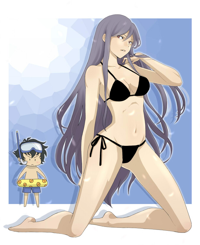 kasei, kasei (4n0n0me), setsuna f. seiei, tieria erde, gundam, gundam 00, 00s, 1boy, 1girl, adjusting hair, barefoot, bikini, black hair, chibi, diving mask, genderswap, genderswap (mtf), goggles, grey hair, innertube, kneeling, long hair, purple hair, red eyes, scuba, shadow, side-tie bikini bottom, snorkel, swim ring, swimsuit