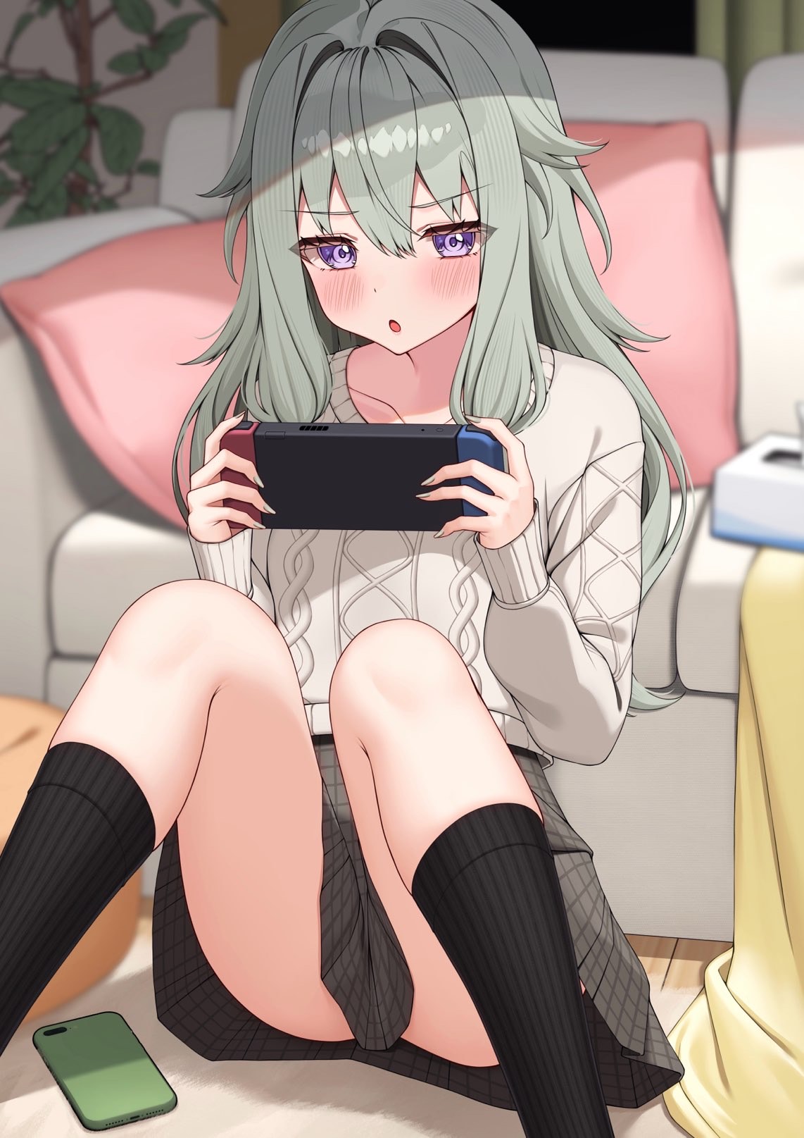 charl2837, kusanagi nene, project sekai, commentary request, highres, variant set, 1girl, :o, black socks, blurry, blurry background, blush, cellphone, choppy bangs, couch, depth of field, feet out of frame, grey hair, grey skirt, grey sweater, hair between eyes, hair intakes, hair over shoulder, handheld game console, holding, holding handheld game console, indoors, kneehighs, knees up, long bangs, long hair, long sleeves, looking at viewer, m legs, miniskirt, nintendo switch, on floor, parted lips, phone, pleated skirt, purple eyes, ribbed socks, sitting, skirt, smartphone, socks, solo, spread legs, sweater, v-shaped eyebrows