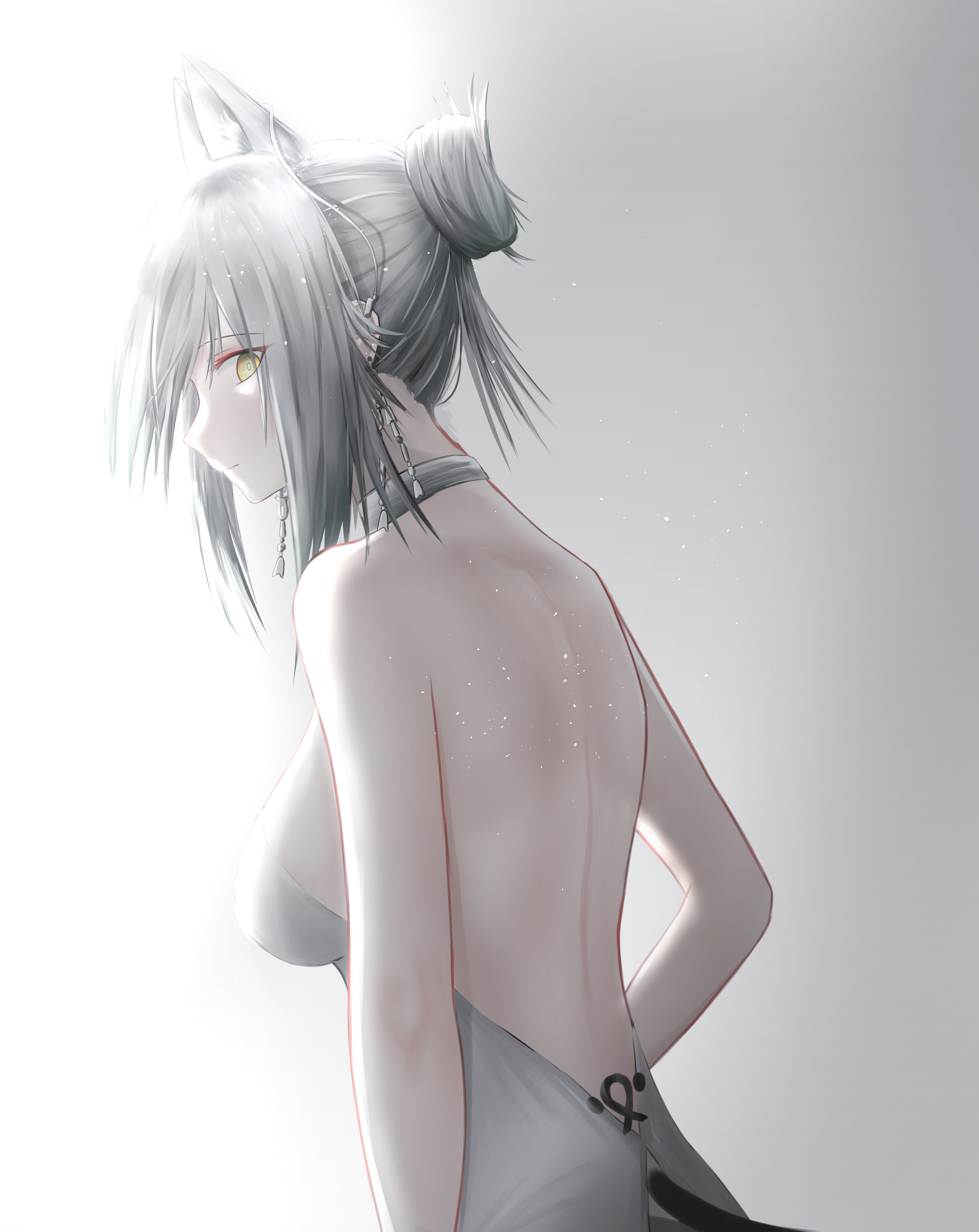 woon, schwarz (arknights), arknights, absurdres, highres, 1girl, alternate costume, animal ears, back, bare shoulders, breasts, closed mouth, dress, earrings, grey hair, hair bun, jewelry, looking at viewer, looking to the side, medium breasts, medium hair, sideboob, sidelocks, solo, tail, upper body, white background, white dress, wolf ears, wolf girl, yellow eyes