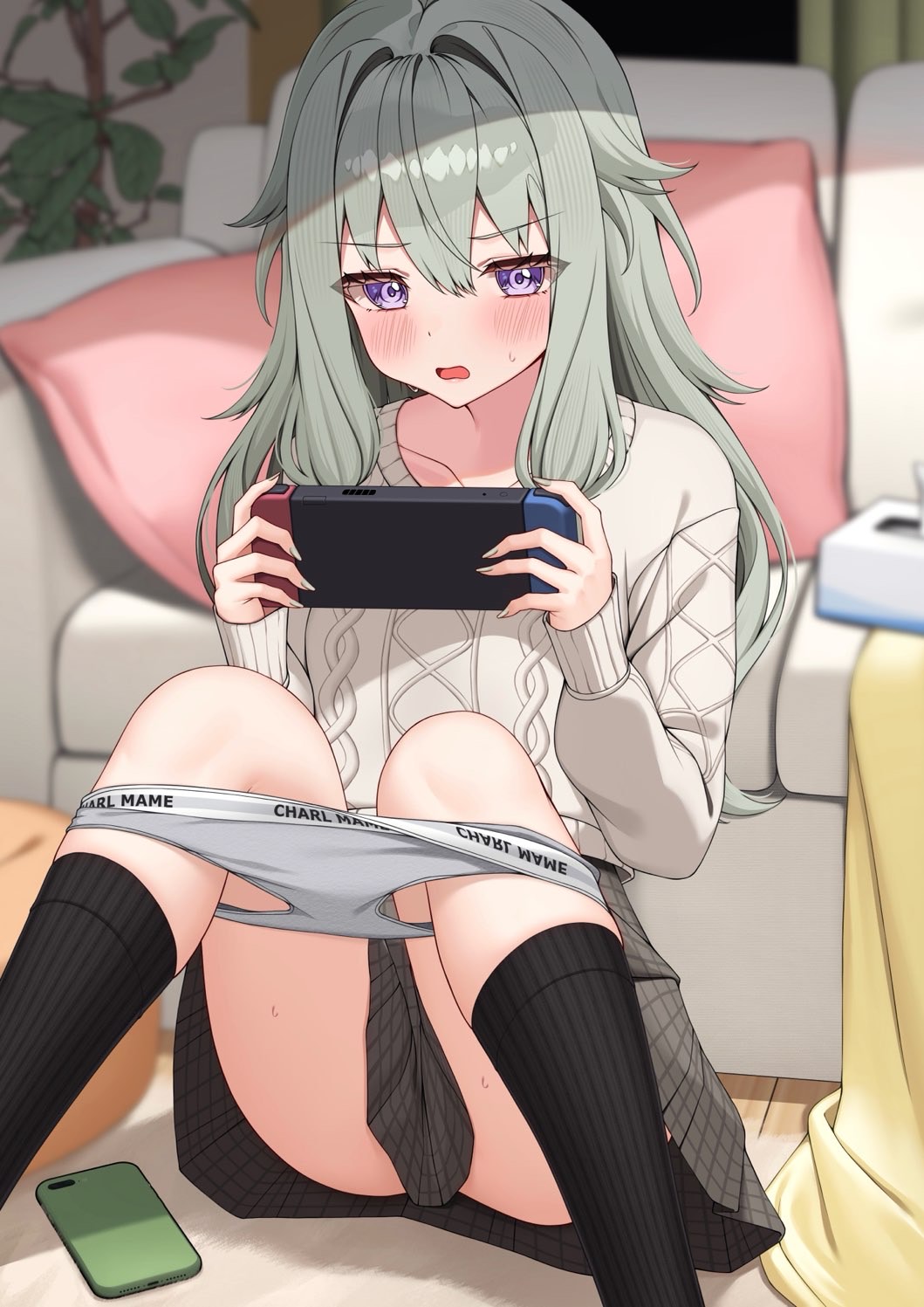 charl2837, kusanagi nene, project sekai, commentary request, highres, variant set, 1girl, black socks, blurry, blurry background, blush, cellphone, choppy bangs, clothes writing, couch, depth of field, feet out of frame, grey hair, grey panties, grey skirt, grey sweater, hair between eyes, hair intakes, hair over shoulder, handheld game console, holding, holding handheld game console, indoors, kneehighs, knees up, long bangs, long hair, long sleeves, looking at viewer, m legs, miniskirt, nintendo switch, on floor, open mouth, panties, panty pull, phone, pleated skirt, purple eyes, ribbed socks, sitting, skirt, smartphone, socks, solo, sports panties, spread legs, sweat, sweater, underwear, underwear writing, v-shaped eyebrows