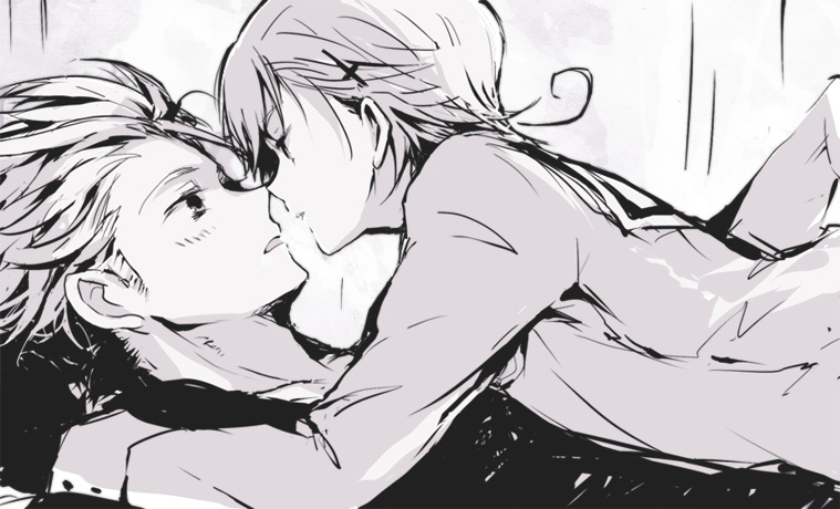 denmark (hetalia), norway (hetalia), axis powers hetalia, 00s, 2boys, ahoge, couple, greyscale, male focus, monochrome, multiple boys, purple theme, yaoi