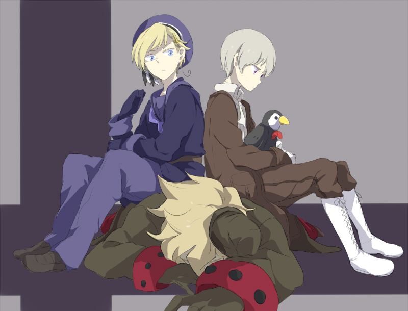 denmark (hetalia), iceland (hetalia), norway (hetalia), axis powers hetalia, silver hair, 00s, 3boys, ahoge, beret, blonde hair, blue eyes, boots, cross, gloves, hat, male focus, multiple boys, purple eyes, sailor collar, sitting, sitting on person
