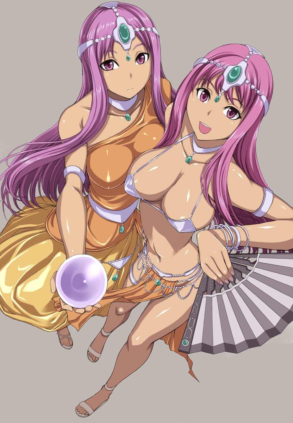hakaba (dairiseki), manya (dq4), minea (dq4), chunsoft, dragon quest, dragon quest iv, enix, highres, 2girls, armband, armlet, belly chain, bracelet, breasts, choker, circlet, cleavage, crystal ball, dark-skinned female, dark skin, from above, hand fan, jewelry, large breasts, legs, multiple girls, navel, pelvic curtain, purple eyes, purple hair, sandals, siblings, sisters, twins