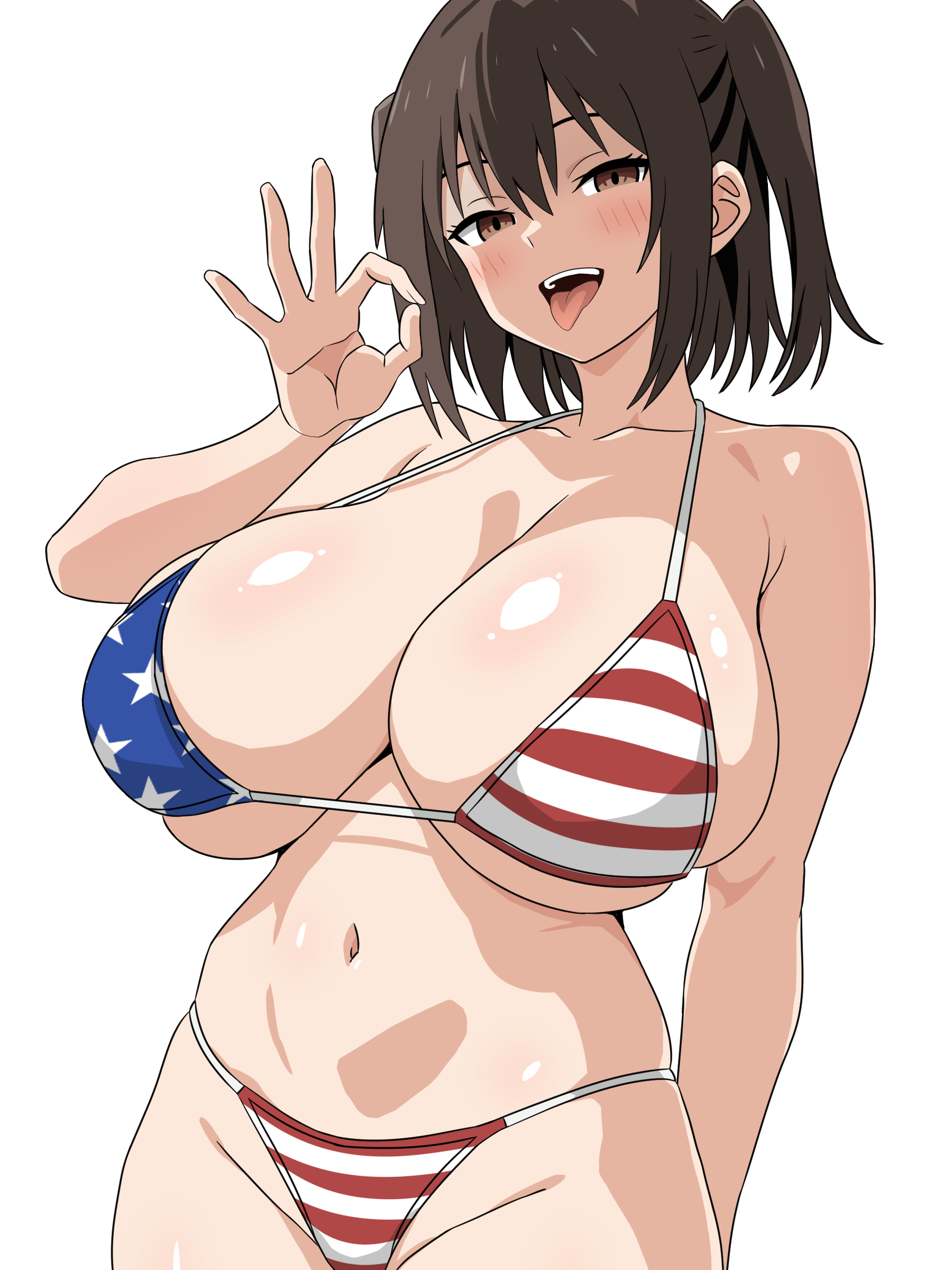 migikoba, sendai (kancolle), kantai collection, absurdres, commentary request, highres, 1girl, alternate breast size (larger), american flag, american flag bikini, american flag print, armpit crease, bikini, breasts, brown eyes, brown hair, collarbone, cowboy shot, eyelashes, fellatio gesture, flag print, flag print bikini, hair between eyes, hand up, highleg, highleg bikini, huge breasts, looking at viewer, medium hair, micro bikini, navel, open mouth, print bikini, simple background, skindentation, solo, stomach, swimsuit, tongue, tongue out, two side up, white background