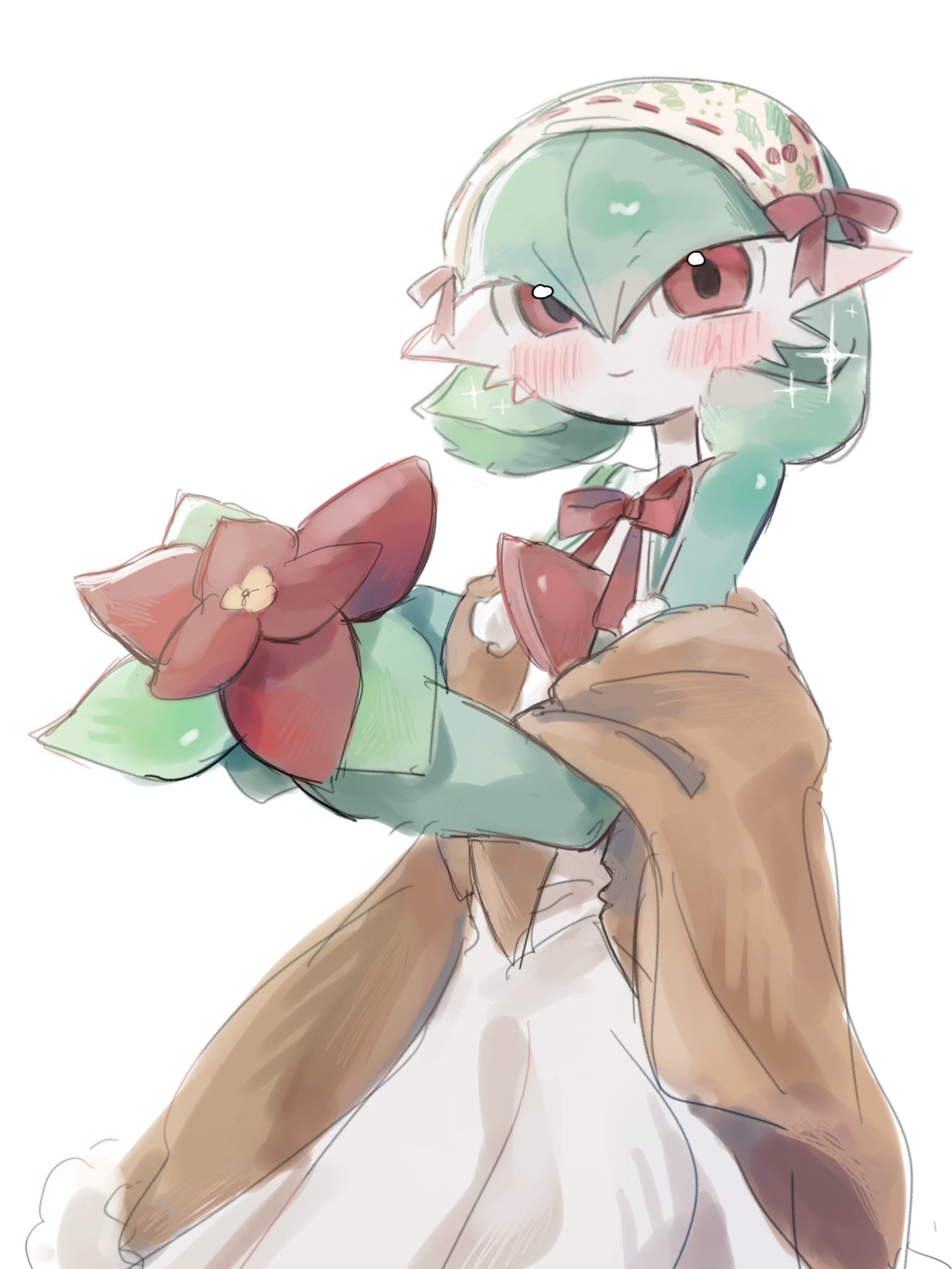 mame (nanase pk), gardevoir, nintendo, pokemon, commentary, highres, symbol-only commentary, bob cut, bow, brown shawl, colored skin, dress, flower, gardevoir (holiday wishes), gen 3 pokemon, green hair, green skin, holding, holding flower, looking at viewer, multicolored skin, pink eyes, pokemon (creature), red bow, red flower, shawl, simple background, sparkle, two-tone skin, white background, white dress, white skin