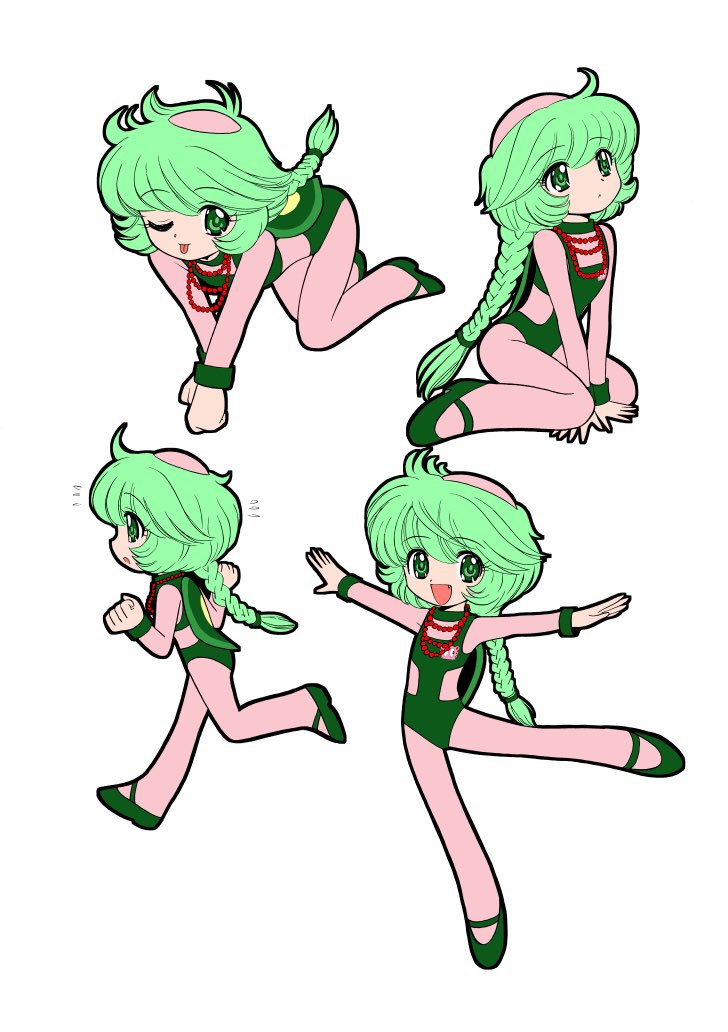 okano takeshi, commentary request, 1girl, ;p, all fours, azukiarai (guruguru medaman), balding, between legs, bodysuit, bodysuit under clothes, braid, braided ponytail, closed mouth, fang, girly running, green eyes, green hair, green leotard, green shoes, guruguru medaman, hand between legs, hands up, jewelry, leotard, long hair, looking at viewer, looking up, multiple views, necklace, one eye closed, open mouth, outstretched arms, pearl necklace, pink bodysuit, running, shoes, simple background, single braid, sitting, smile, spread arms, standing, standing on one leg, tongue, tongue out, traditional youkai, wariza, white background
