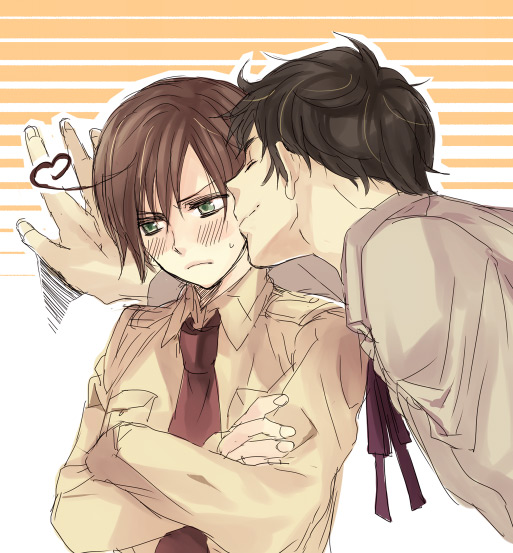 yogogo, southern italy (hetalia), spain (hetalia), axis powers hetalia, bad id, bad pixiv id, 00s, 2boys, ahoge, blush, brown hair, closed eyes, green eyes, kiss, kissing cheek, male focus, multiple boys, shota, tsundere, yaoi