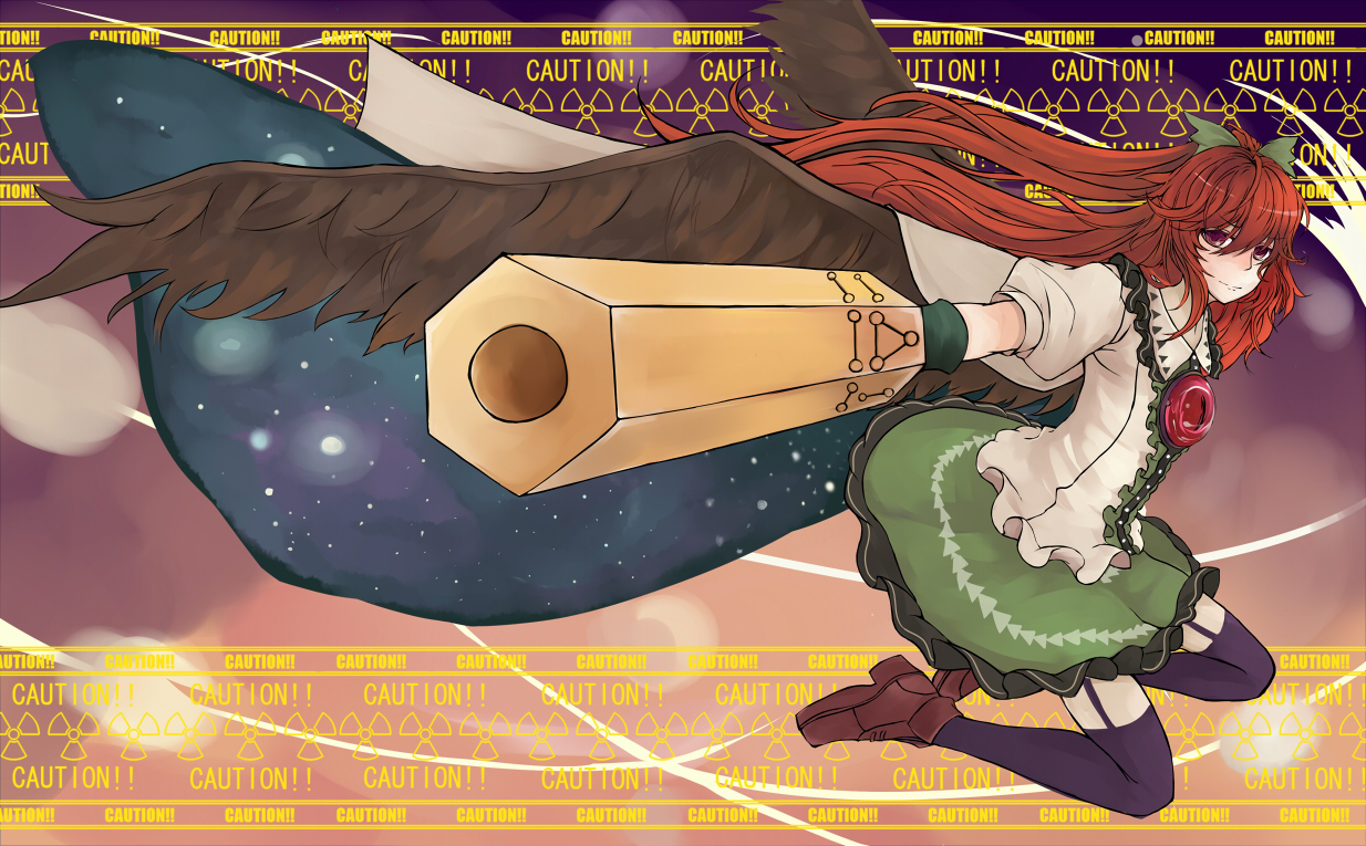 kiiro usagi, reiuji utsuho, touhou, bad id, bad pixiv id, 1girl, bow, brown hair, caution, female focus, long hair, radiation symbol, red eyes, solo, thighhighs, wings