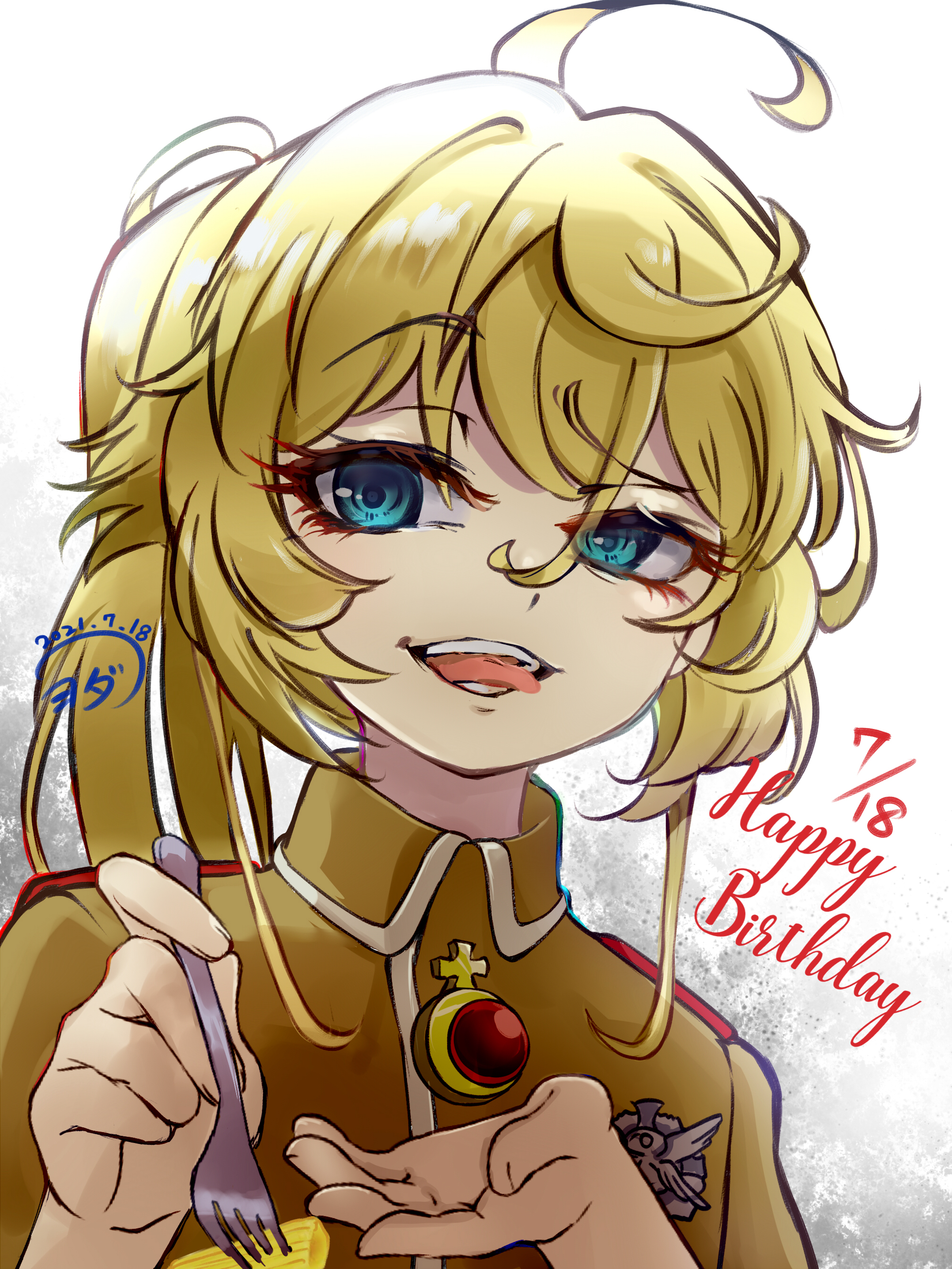 youda (seravichacha), tanya degurechaff, youjo senki, absurdres, commentary request, highres, ahoge, blonde hair, blue eyes, brown jacket, collared jacket, cross, dated, english text, food, fork, gem, hair between eyes, hands up, happy birthday, high ponytail, holding, holding fork, huge ahoge, iron cross, jacket, jewelry, long hair, long hair between eyes, medal, military, military jacket, military uniform, open mouth, pasta, pendant, penne (pasta), ponytail, red gemstone, sidelocks, signature, simple background, smile, teeth, tongue, tongue out, upper body, white background