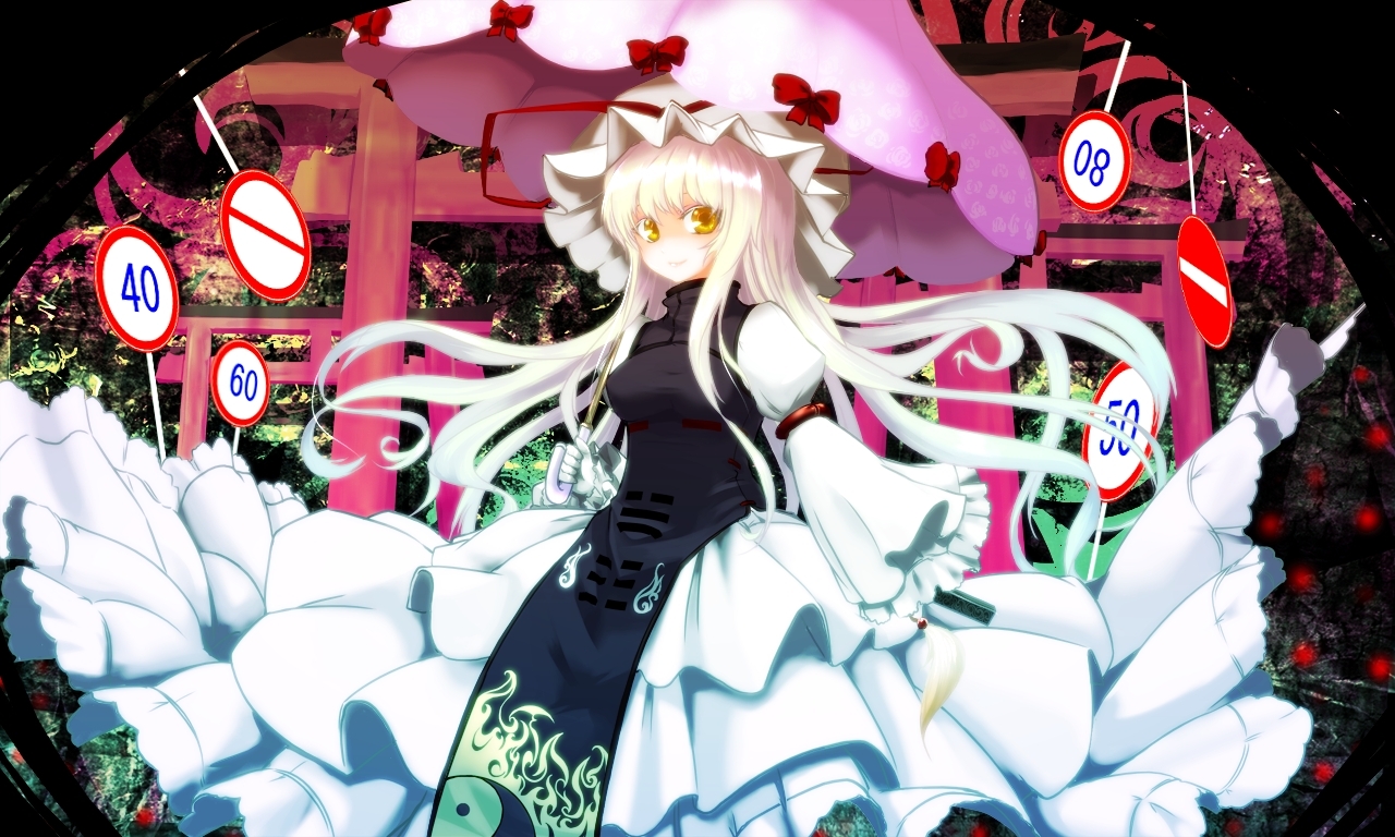 beshi, yakumo yukari, touhou, bad id, bad pixiv id, 1girl, blonde hair, bow, dress, female focus, frilled dress, frills, gloves, hat, layered dress, long hair, looking at viewer, mob cap, no entry sign, red bow, ribbon, road closed to vehicles sign, road sign, sign, solo, speed limit sign, standing, torii, umbrella, white dress, yellow eyes