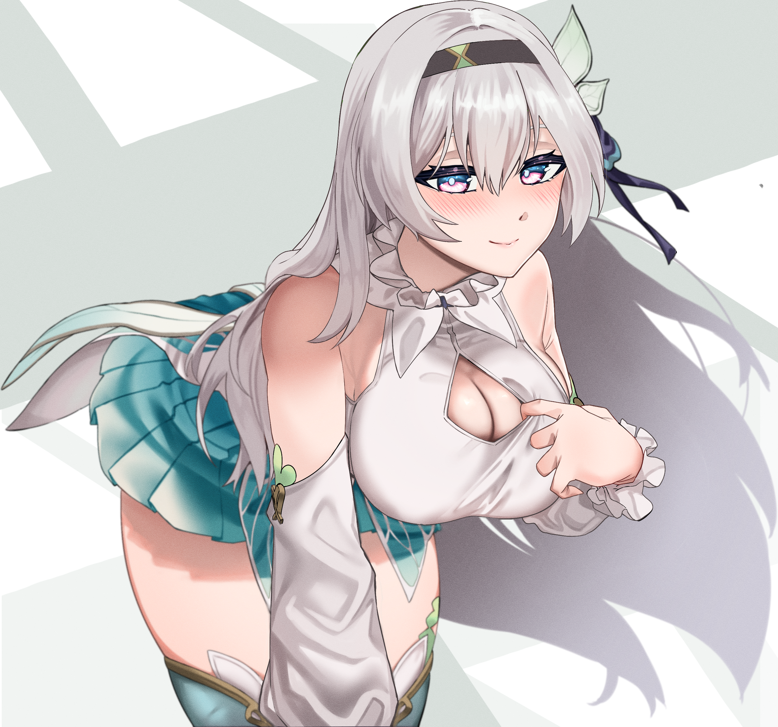 dexazael, firefly (honkai: star rail), honkai: star rail, honkai (series), absurdres, commentary request, highres, 1girl, bare shoulders, black hairband, blush, breasts, cleavage, grey hair, hairband, large breasts, long hair, looking at viewer, purple eyes, skirt, smile, solo, thighhighs, thighs
