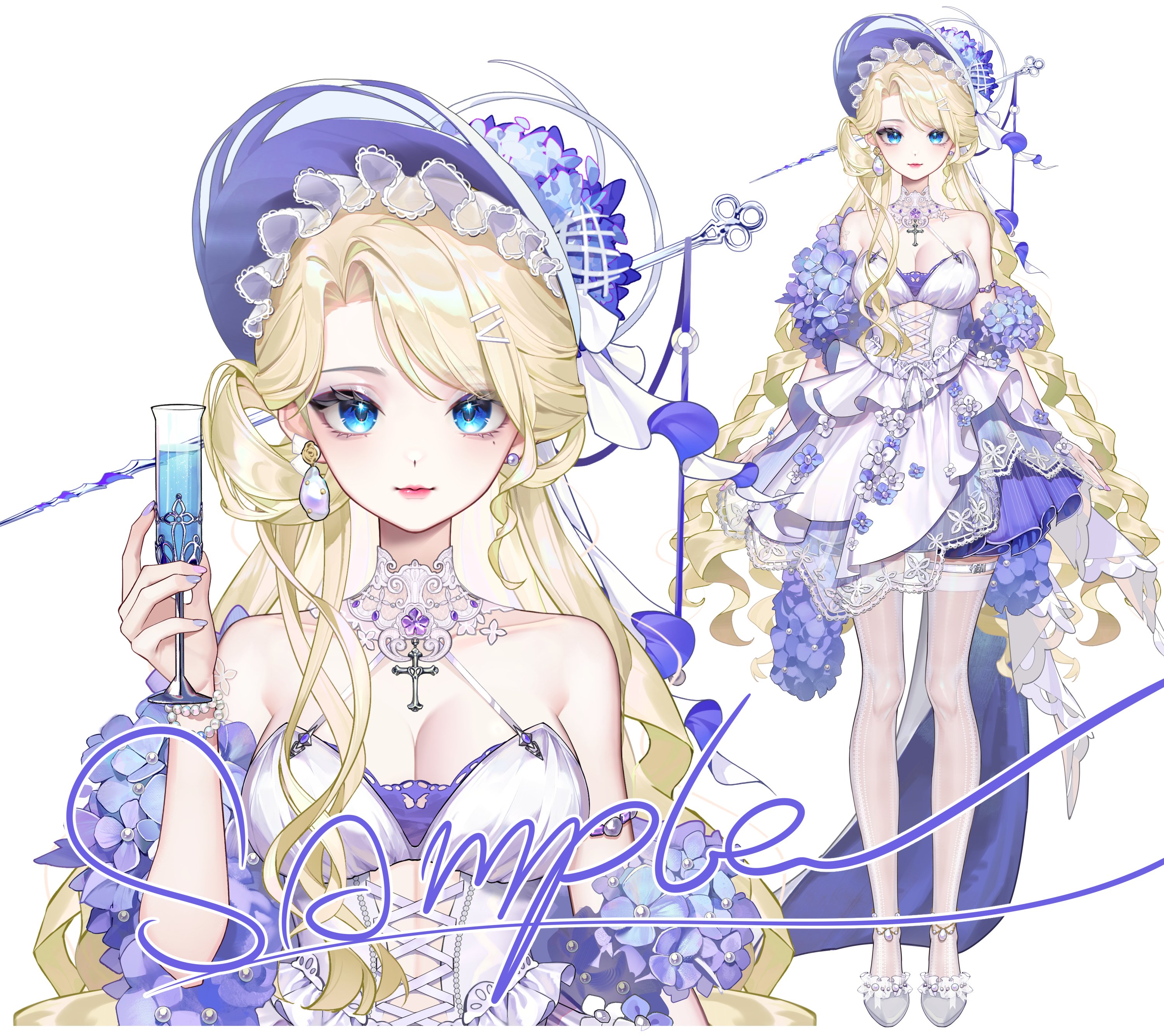 shanwenyufan, original, absurdres, animated, commentary request, commission, highres, live2d, 1girl, alcohol, asymmetrical bangs, asymmetrical dress, asymmetrical sidelocks, bead bracelet, beads, belt, belt buckle, blonde hair, blue bonnet, blue bra, blue eyes, blue flower, bonnet, bow, bra, bracelet, breasts, buckle, champagne, champagne flute, cleavage, closed mouth, collar, cross, cross print, cup, detached collar, diamond earrings, dot nose, dress, drink, drinking glass, earrings, eyelashes, flower, frilled footwear, frilled headwear, full body, hair ornament, hair rings, hairclip, hairpin, halter dress, halterneck, happy, hat, hat bow, hat flower, holding, holding drink, jewelry, lace, lace-trimmed dress, lace-trimmed headwear, lace collar, lace trim, large breasts, lipstick, long hair, long sidelocks, looking at viewer, makeup, mismatched earrings, multiple views, pink lips, print dress, see-through clothes, see-through thighhighs, shoes, short dress, sidelocks, simple background, smile, sphere earrings, standing, straight-on, thigh belt, thigh strap, thighhighs, train (clothing), two-sided fabric, two-sided headwear, underwear, upper body, very long hair, very long sidelocks, virtual youtuber, wavy hair, white background, white belt, white bonnet, white bow, white collar, white dress, white shoes, white thighhighs