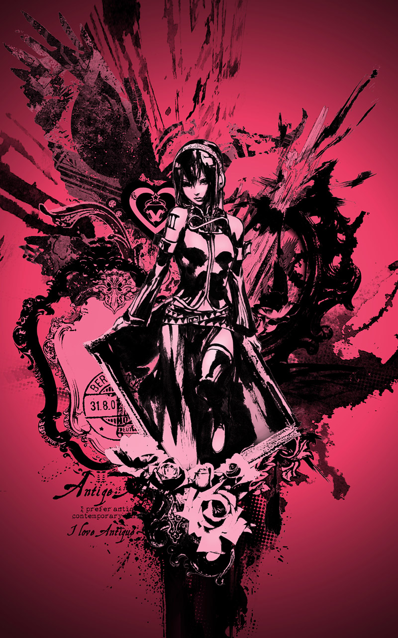 taka (frostbite), megurine luka, vocaloid, highres, 1girl, detached sleeves, english text, female focus, headphones, long hair, monochrome, skirt, solo, thighhighs