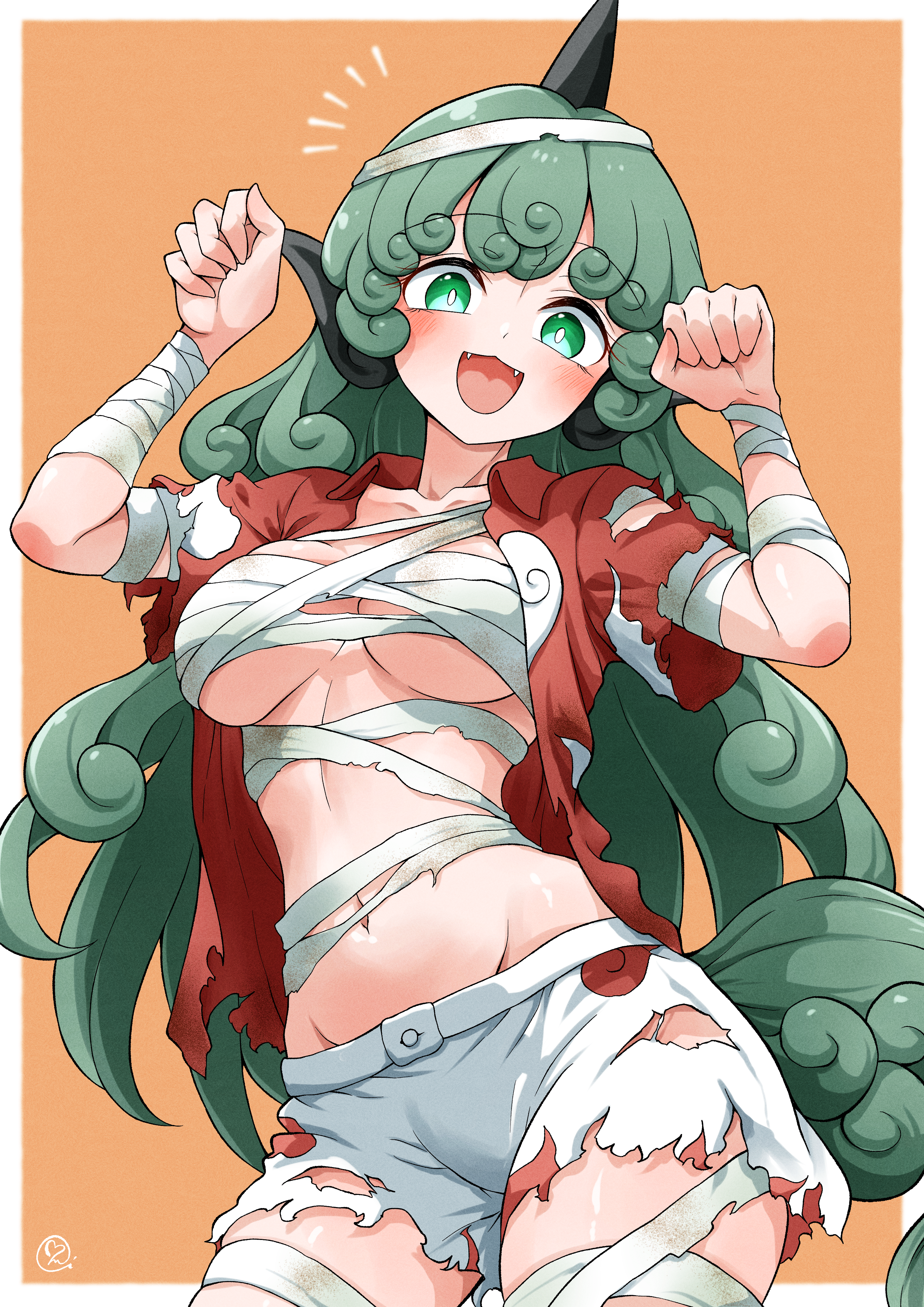 scavia10, komano aunn, touhou, absurdres, commentary request, commission, highres, skeb commission, 1girl, :d, arms up, bandaged arm, bandaged chest, bandaged leg, bandages, breasts, collarbone, cowboy shot, curly hair, fangs, green eyes, green hair, groin, horns, komainu ears, long hair, medium breasts, mummy costume, navel, open clothes, open mouth, open shirt, orange background, paw pose, red shirt, shirt, short sleeves, shorts, single horn, smile, solo, tail, torn clothes, torn shirt, torn shorts, very long hair, white shorts