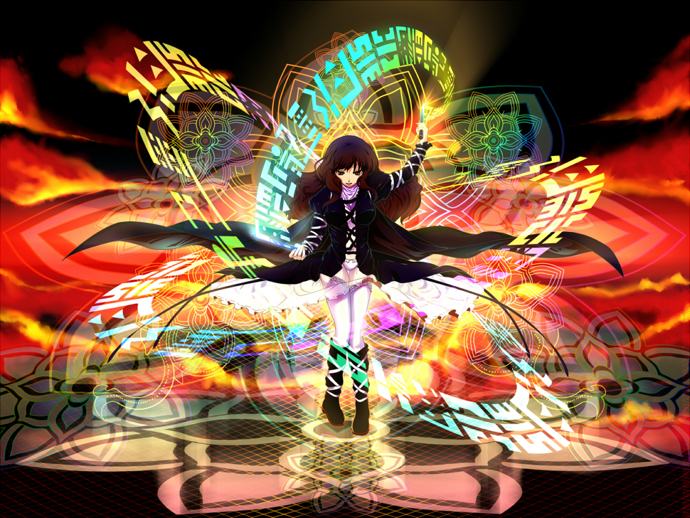 tsuki hana, hijiri byakuren, touhou, bad id, bad pixiv id, 1girl, brown hair, cape, colorful, dress, female focus, garter straps, glowing, long hair, panties, scroll, solo, sorcerer's sutra scroll, thighhighs, underwear