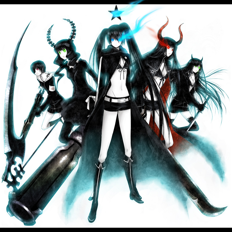 yuuno (yukioka), black devil girl, black gold saw, black matagi, black rock shooter (character), dead master, black rock shooter, bad id, bad pixiv id, 10s, 5girls, arm cannon, bikini, bikini top only, black hair, blue eyes, boots, cannon, coat, earphones, eyepatch, flat chest, glowing, glowing eyes, green eyes, gun, horns, jacket, letterboxed, long hair, midriff, multiple girls, navel, pale skin, purple eyes, red eyes, scythe, shorts, skirt, swimsuit, sword, twintails, very long hair, weapon