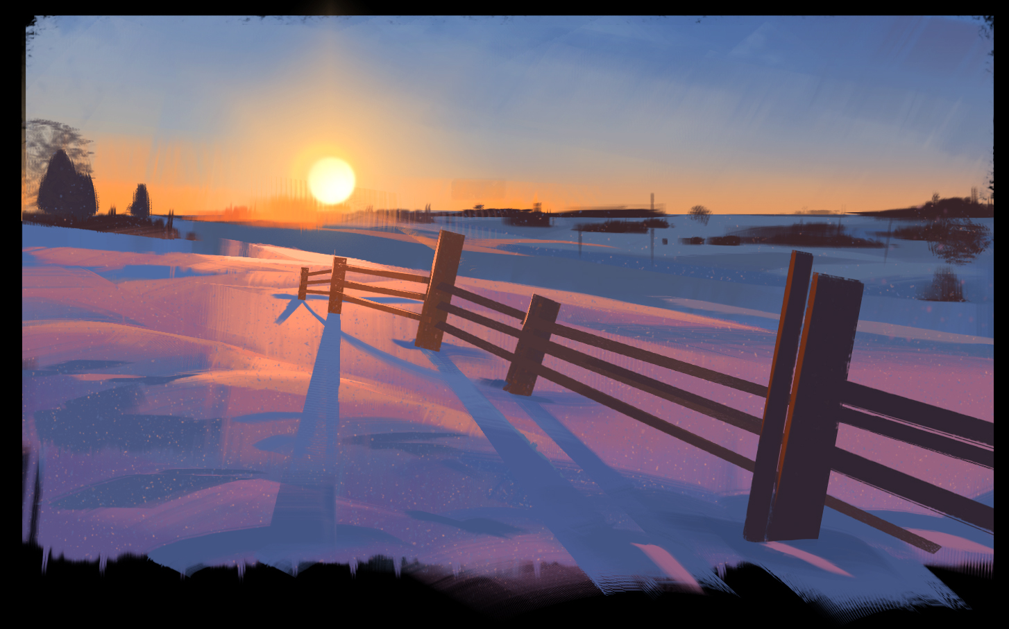 original, commentary, english commentary, black border, blue sky, border, fence, gjb870216, gradient sky, no humans, orange sky, scenery, shadow, sky, snow, sun, sunset, winter, wooden fence