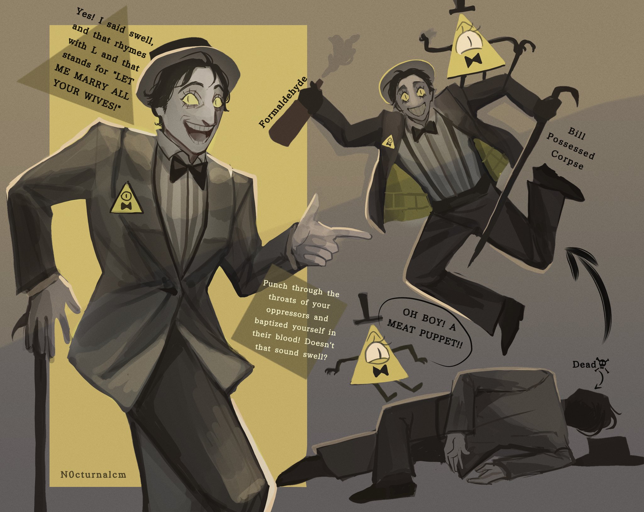 n0cturnalcm, bill cipher, gravity falls, commentary, english commentary, highres, 1other, black coat, bow, bowtie, cane, coat, colored sclera, dual persona, english text, fedora, floating, full body, grin, hat, holding, holding cane, looking at viewer, personification, slit pupils, smile, striped clothes, striped vest, vest, yellow sclera