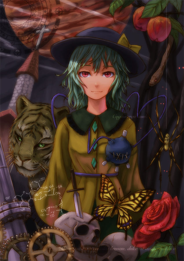 kurione (pixiv), kurione (zassou), komeiji koishi, touhou, bad id, bad pixiv id, 1girl, apple, bug, butterfly, female focus, flower, food, fruit, green eyes, hat, heart, insect, knife, red eyes, rose, short hair, snake, solo, spider, tiger