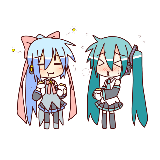 minami (colorful palette), chibi miku, hatsune miku, kiyone suzu, vocaloid, > <, :3, :t, = =, blue hair, chibi, closed eyes, dual wielding, eating, food, holding, ribbon, simple background, sweet potato, thighhighs, twintails