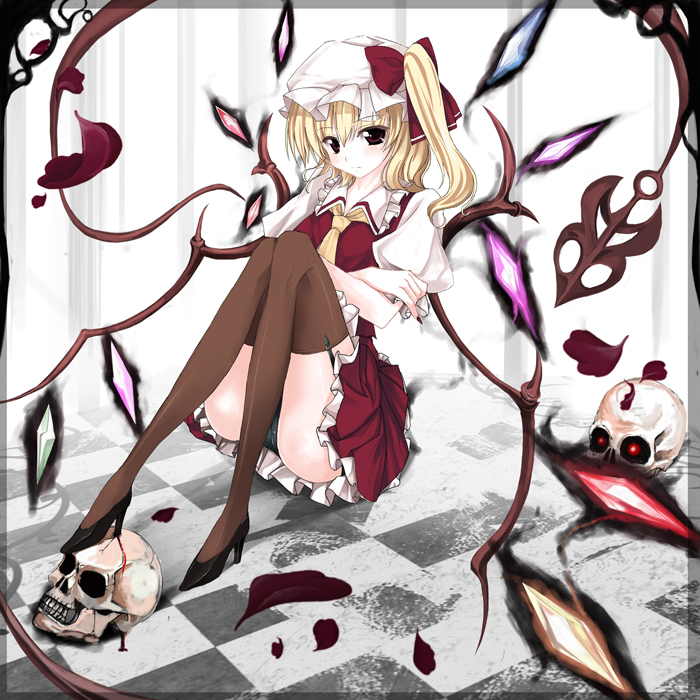 kurume shou, flandre scarlet, touhou, eyebrows, bad id, bad pixiv id, 1girl, blonde hair, blood, female focus, full body, garter straps, gradient background, hat, high heels, legs, long legs, one side up, panties, red eyes, ribbon, shoes, short hair, side ponytail, skull, solo, teeth, thighhighs, underwear, wings