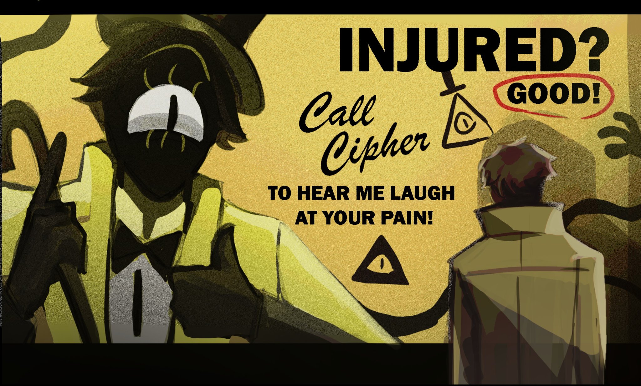 n0cturnalcm, bill cipher, ford pines, gravity falls, commentary, english commentary, highres, 2boys, black skin, blood, blood in hair, bow, bowtie, brown hair, cane, coat, colored skin, english text, facial hair, frown, half-closed eye, hand on own shoulder, holding, holding cane, meme, multiple boys, personification, shirt, thumbs up, veil scene 14 redraw (meme), yellow coat