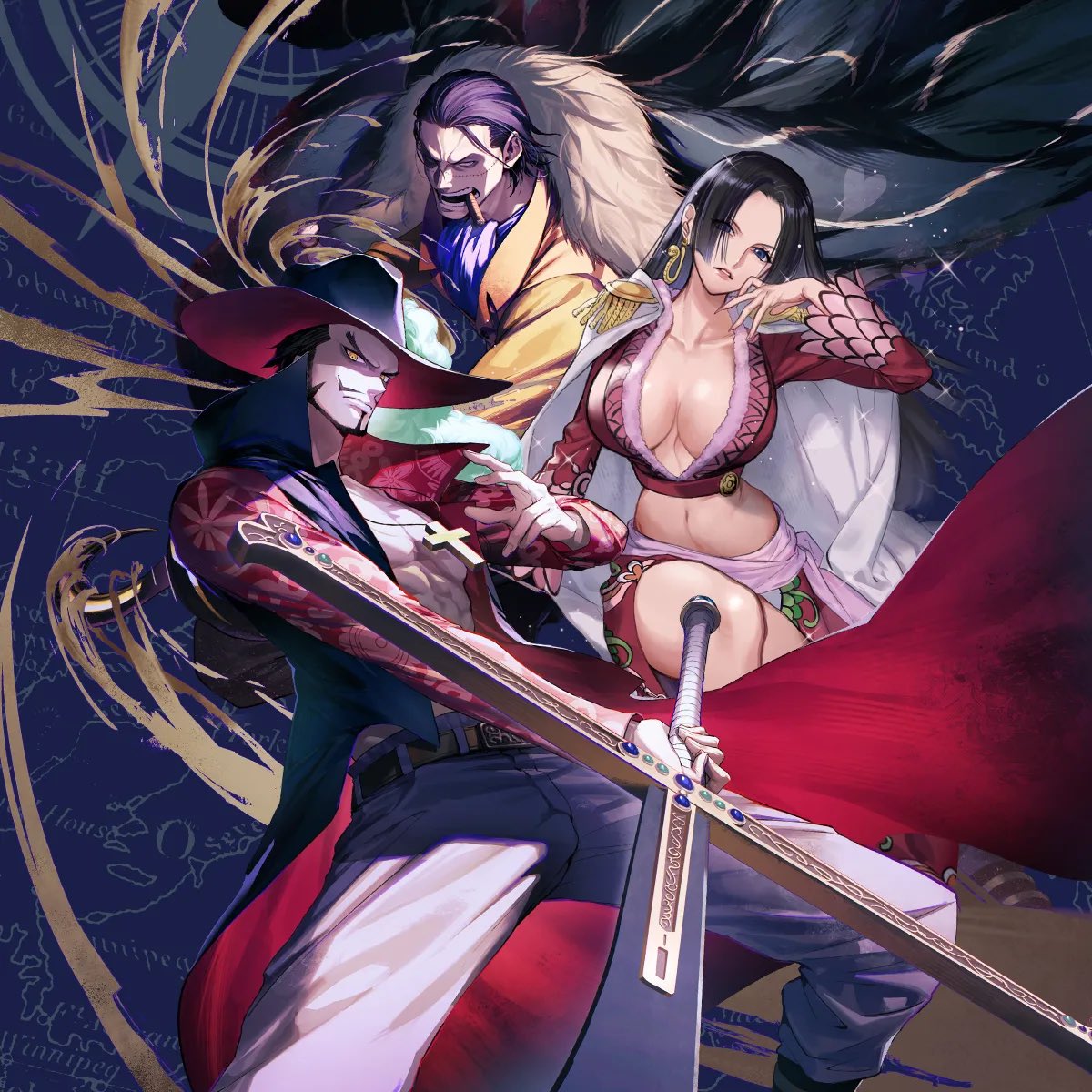 namahamu913, boa hancock, crocodile (one piece), dracule mihawk, one piece, one piece card game, commentary request, highres, official art, 1girl, 2boys, abs, ascot, beard, black hair, blue ascot, boots, breasts, cape, cigar, cleavage, closed mouth, coat, coat on shoulders, copyright name, cross pendant, dutch angle, earrings, epaulettes, facial hair, full body, fur-trimmed coat, fur trim, hair slicked back, hat feather, heart, holding, holding sword, holding weapon, hook hand, jewelry, long hair, looking at viewer, male focus, multiple boys, orange vest, pants, pink sash, ring, sand, sash, short hair, sidelocks, snake earrings, solo, squatting, stitched face, stitches, sword, vest, weapon, white cape, wind, yellow eyes