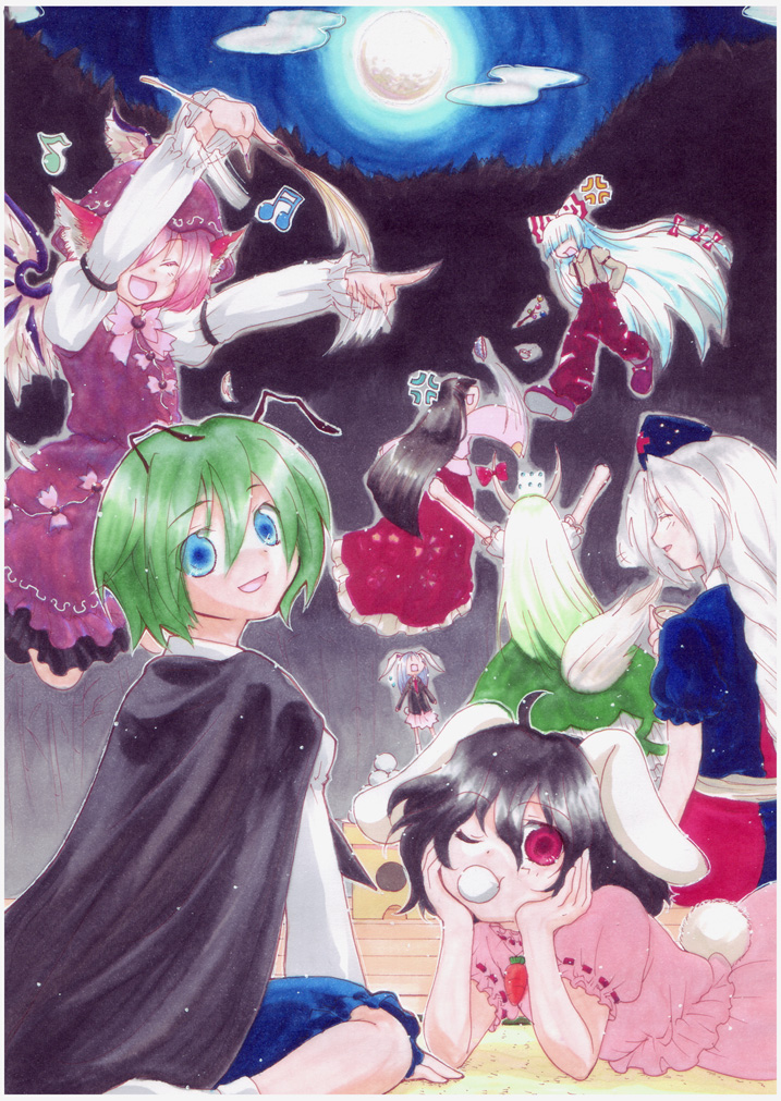 itetaki, ex-keine, fujiwara no mokou, houraisan kaguya, inaba tewi, kamishirasawa keine, mystia lorelei, reisen udongein inaba, wriggle nightbug, yagokoro eirin, imperishable night, touhou, bad id, bad pixiv id, marker (medium), traditional media, 6+girls, angry, animal ears, antennae, arms up, black hair, blunt bangs, bow, braid, cape, closed eyes, dress, everyone, female focus, fingernails, food, full moon, hair bow, hair over eyes, hands on another's face, hands on own face, hat, horns, japanese clothes, long fingernails, long hair, looking back, lying, mochi, moon, multiple girls, musical note, nail (hardware), night, nurse cap, on stomach, one eye closed, pink hair, rabbit ears, rabbit tail, red eyes, short hair, sitting, skirt, suspenders, tail, very long hair, wagashi, wariza, white hair, wink