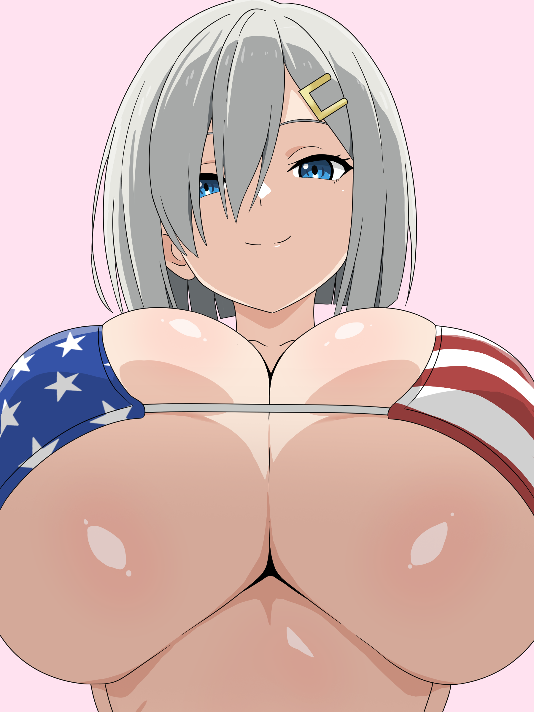 migikoba, hamakaze (kancolle), kantai collection, absurdres, commentary request, highres, 1girl, alternate breast size (larger), american flag, american flag bikini, american flag print, bikini, blue eyes, breasts, closed mouth, eyelashes, flag print, flag print bikini, from below, grey hair, hair between eyes, hair ornament, hair over one eye, huge breasts, looking at viewer, medium hair, micro bikini, print bikini, purple background, skindentation, smile, solo, swimsuit, underboob, upper body