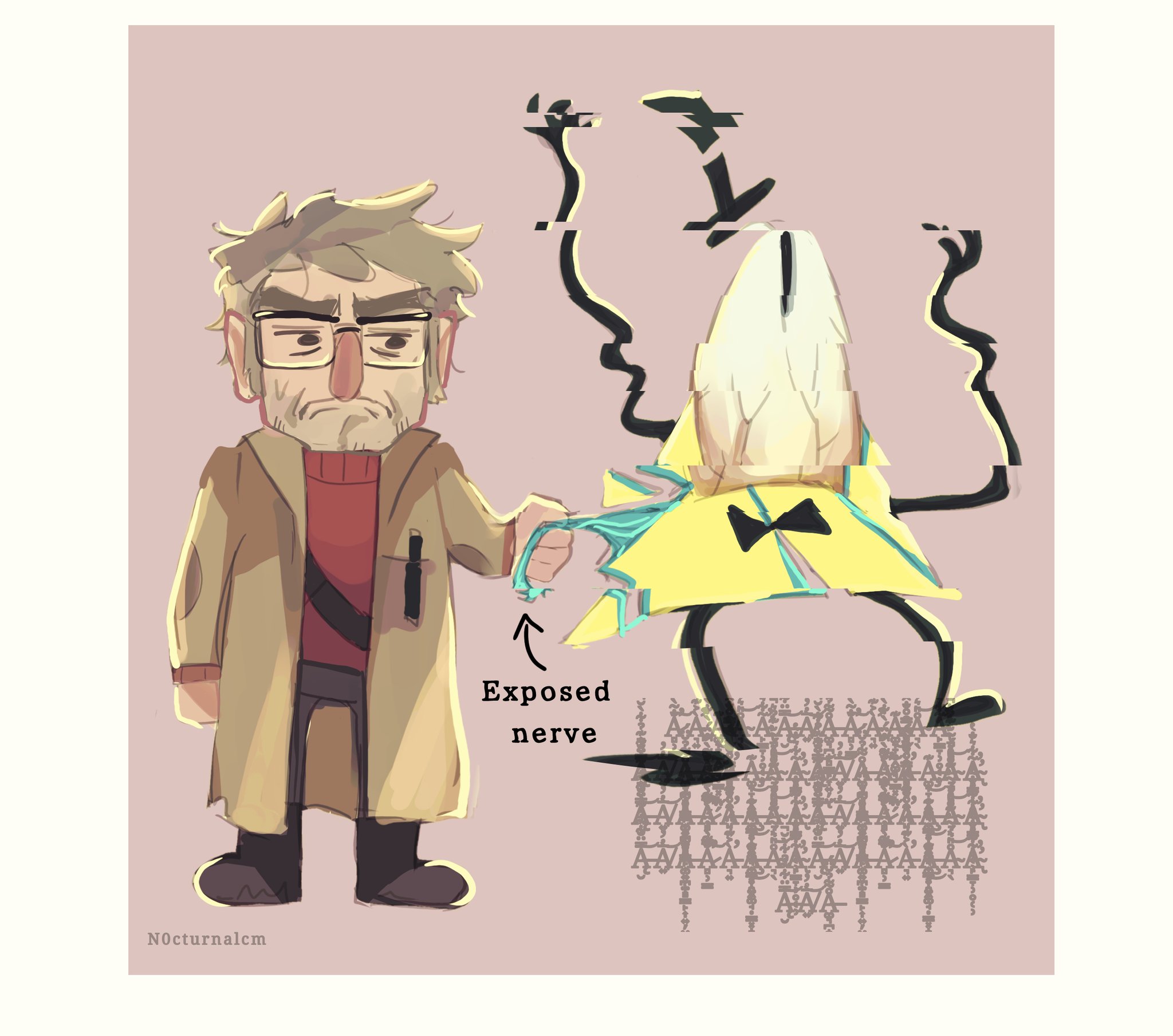 n0cturnalcm, bill cipher, ford pines, gravity falls, commentary, english commentary, highres, 1boy, beard stubble, belt, black eyes, coat, distortion, english text, facial hair, full body, glitch, grey hair, hat, jitome, looking at another, narrowed eyes, outstretched arms, red shirt, screaming, shirt, slit pupils, standing, stubble, top hat, veins, wide-eyed, yellow coat