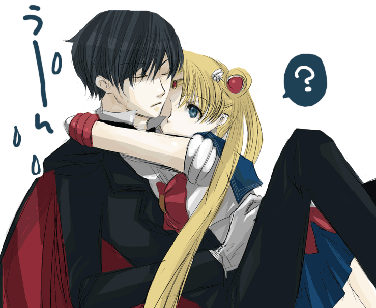 chiba mamoru, sailor moon, tsukino usagi, tuxedo kamen, bishoujo senshi sailor moon, artist request, 1990s (style), 1boy, 1girl, ?, black hair, black pants, blonde hair, blue eyes, blue sailor collar, blue skirt, bow, closed eyes, couple, hetero, hug, long hair, magical girl, pants, red bow, sailor collar, short hair, skirt, tuxedo