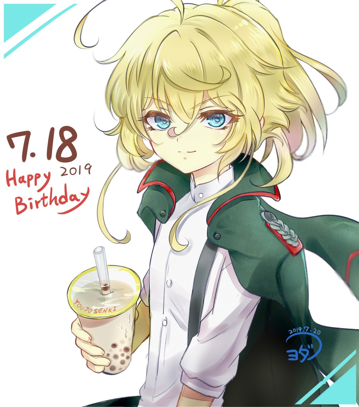 youda (seravichacha), tanya degurechaff, youjo senki, commentary request, highres, 1girl, ahoge, blonde hair, blue eyes, bubble tea, buttons, closed mouth, cup, dated, disposable cup, drinking straw, english text, fingernails, floating clothes, green jacket, hair between eyes, hand up, happy birthday, high ponytail, holding, holding cup, huge ahoge, jacket, long hair, long hair between eyes, long sleeves, looking at viewer, mandarin collar, military, military jacket, military uniform, open clothes, open jacket, ponytail, puffy long sleeves, puffy sleeves, shirt, sidelocks, signature, simple background, smile, solo, suspenders, upper body, white background, white shirt