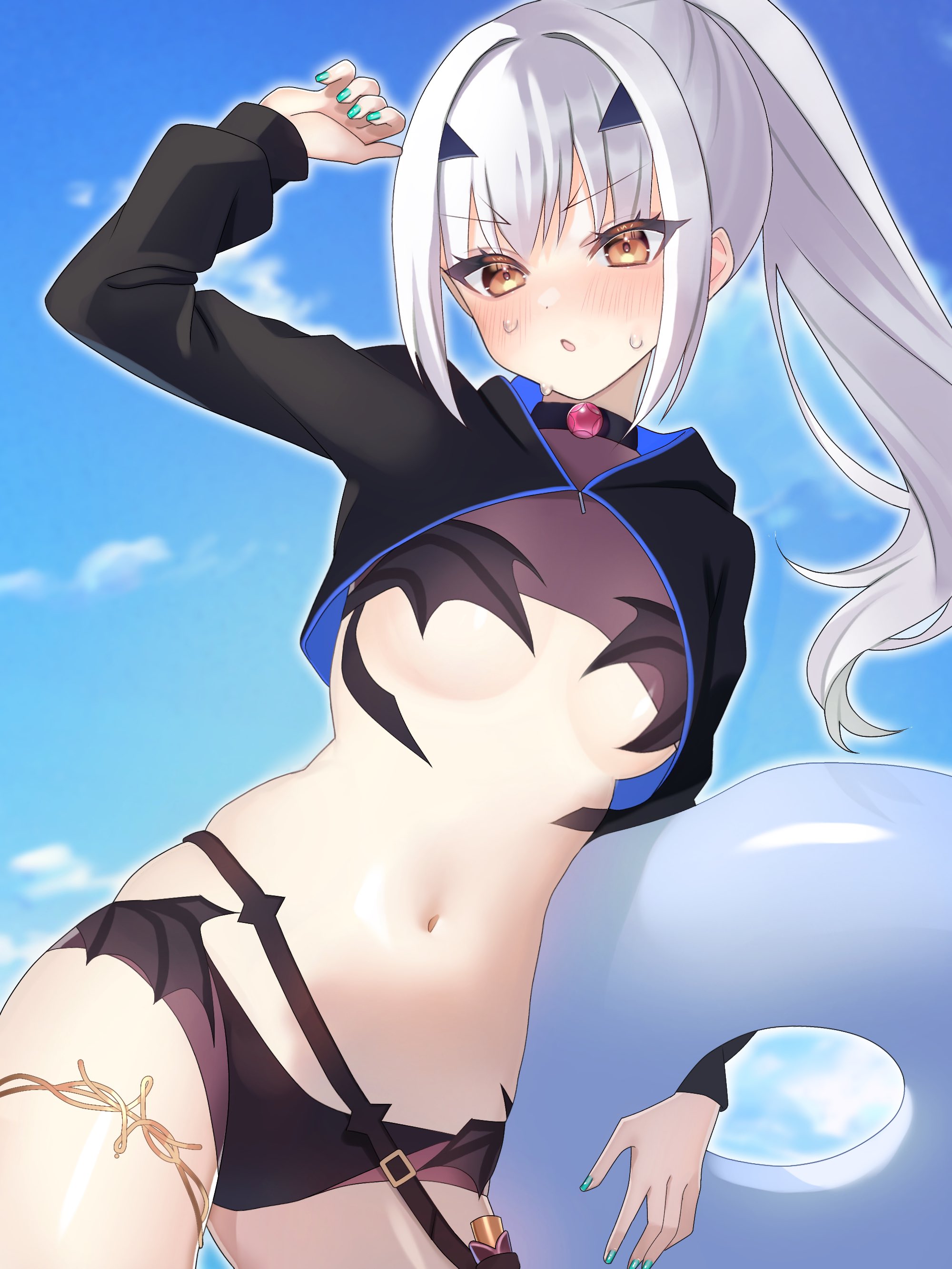 katashiro, melusine (fate), melusine (swimsuit ruler) (fate), melusine (swimsuit ruler) (first ascension) (fate), fate/grand order, fate (series), absurdres, commentary request, highres, 1girl, aqua nails, bikini, black bikini, blue sky, breasts, brown eyes, cloud, cropped jacket, day, fingernails, holding, holding swim ring, innertube, jacket, long hair, looking at viewer, midriff, navel, open mouth, outdoors, ponytail, sky, small breasts, solo, stomach, sweat, swim ring, swimsuit, white hair