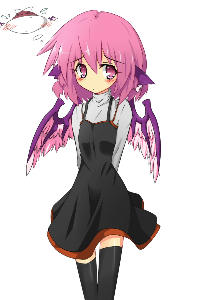 urimono, misaka shiori, mystia lorelei, kanon, touhou, bad id, bad pixiv id, 1girl, alternate costume, animal ears, black thighhighs, blush, contemporary, cosplay, dress, female focus, misaka shiori (cosplay), pink eyes, pink hair, short hair, solo, thighhighs, white background, wings, zettai ryouiki