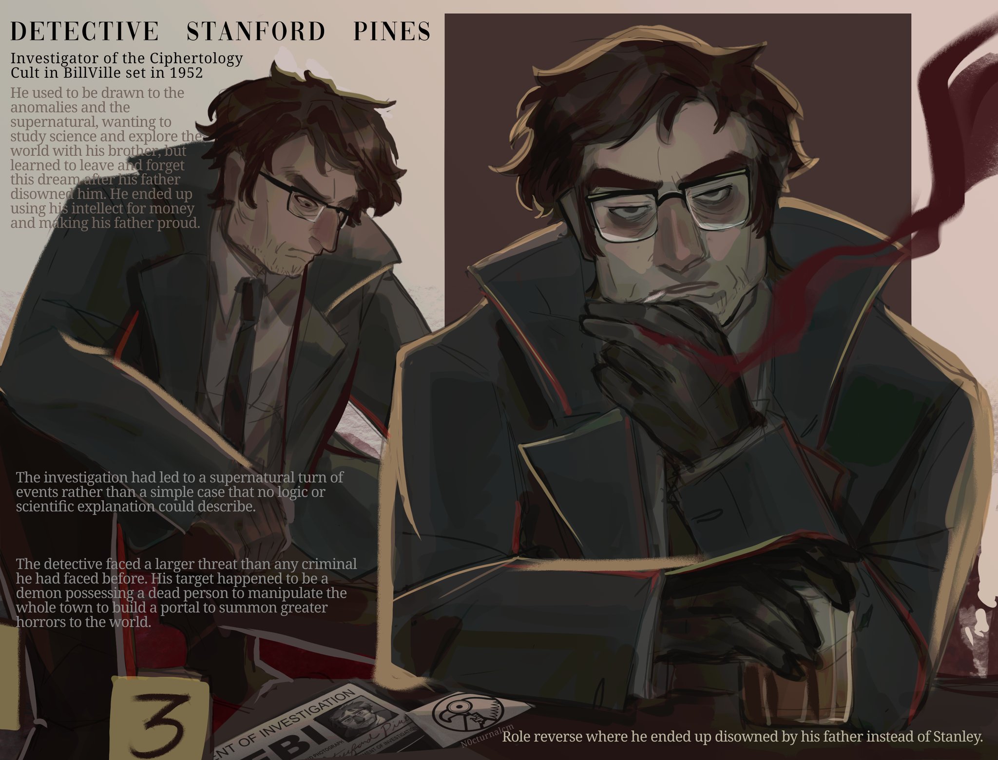 n0cturnalcm, ford pines, gravity falls, commentary, english commentary, highres, 1boy, bags under eyes, black coat, black gloves, black necktie, brown hair, cigarette, coat, colored smoke, cup, english text, extra digits, gloves, holding, holding cigarette, holding cup, looking at viewer, male focus, mullet, multiple views, necktie, shirt, sideburns, smoke, smoke trail, white shirt