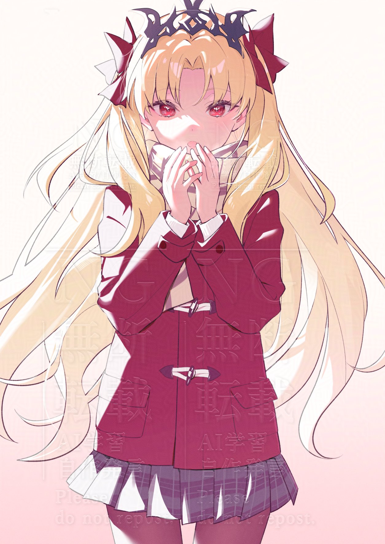 rullep, ereshkigal (fate), ereshkigal (fgo x lawson 2018) (fate), fate/grand order, fate (series), commentary request, highres, 1girl, black skirt, black tiara, blonde hair, bow, brown pantyhose, cowboy shot, gradient background, hair bow, hands up, jacket, long hair, long sleeves, looking at viewer, miniskirt, official alternate costume, open mouth, pantyhose, parted bangs, pink background, plaid clothes, plaid scarf, plaid skirt, pleated skirt, pocket, red bow, red eyes, red jacket, scarf, sidelocks, simple background, skirt, solo, standing, steam, tiara, watermark, wavy hair, white background, yellow scarf