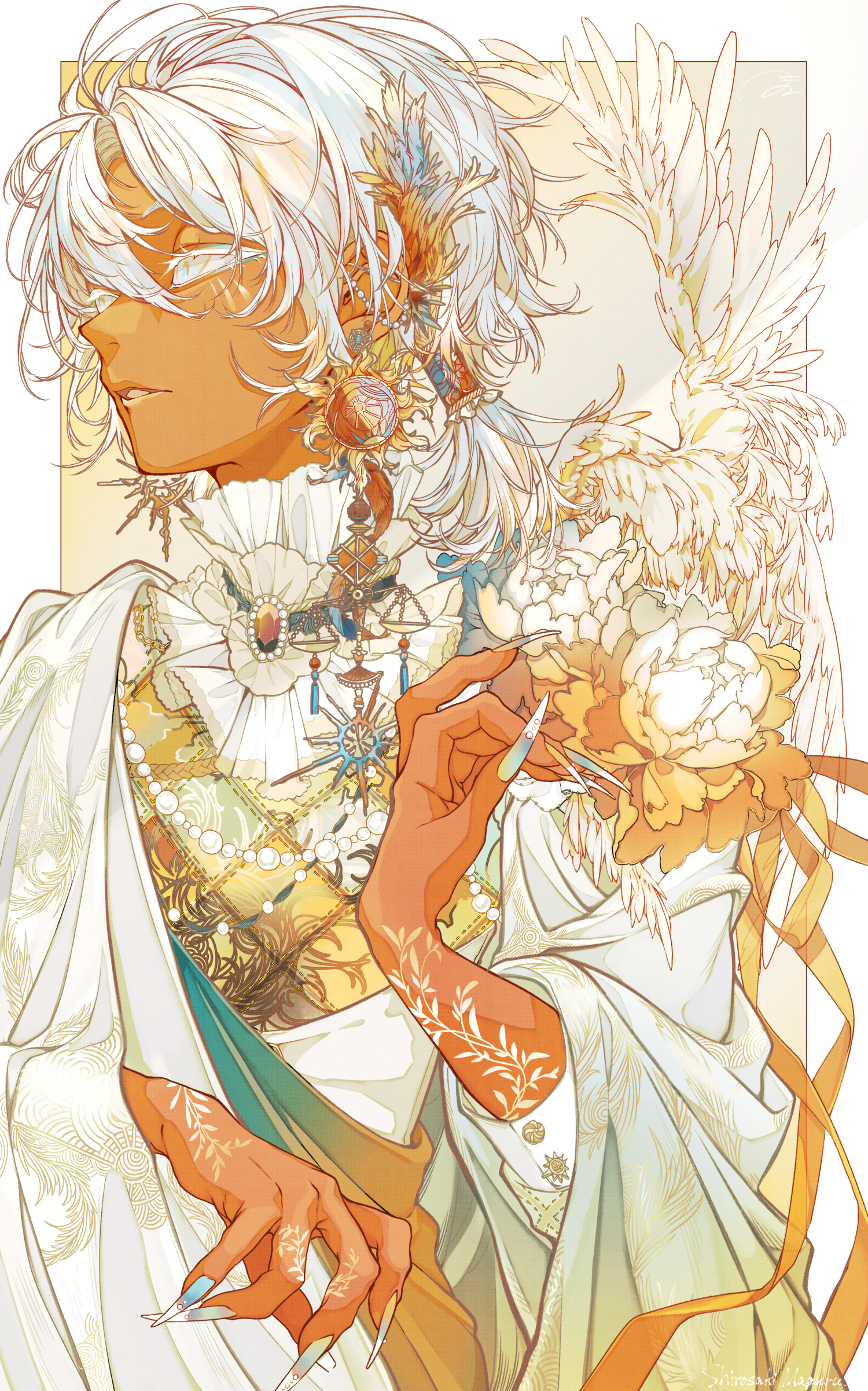 maguru white, original, absurdres, commentary, highres, 1boy, brooch, dark-skinned male, dark skin, earrings, feathered wings, fingernails, flower, frilled shirt collar, frills, jewelry, long fingernails, male focus, nail polish, parted lips, ponytail, sharp fingernails, short ponytail, solo, upper body, white hair, wings